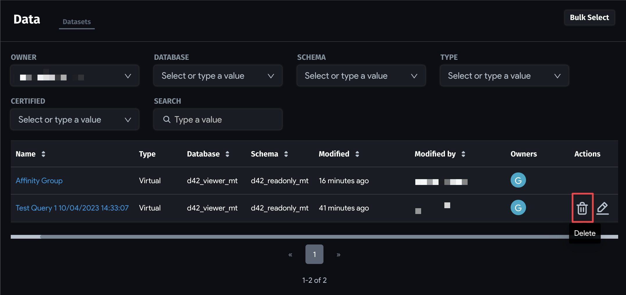 Dataset delete option