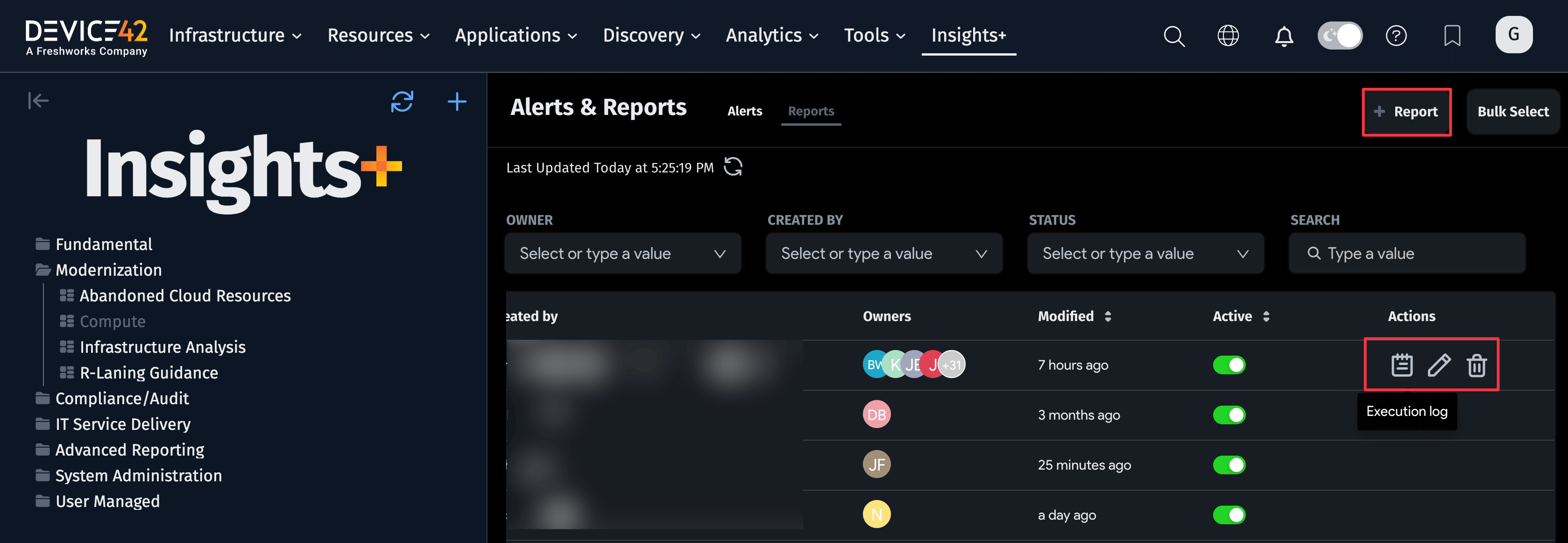 Reports action options