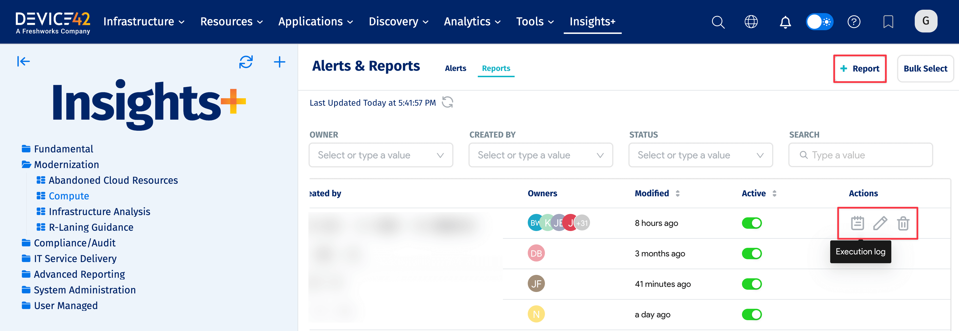 Reports action options