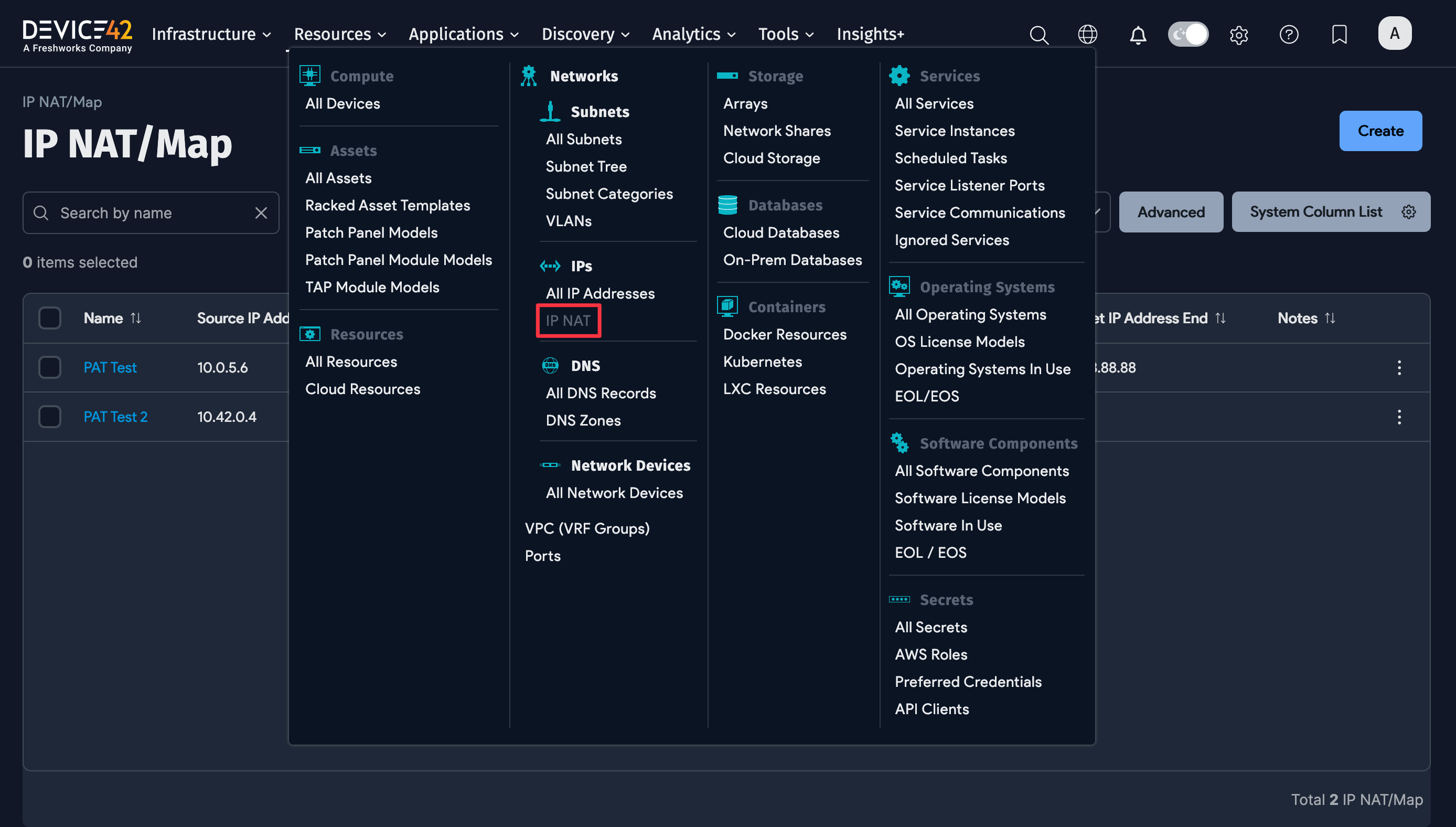 IP NAT/Map menu