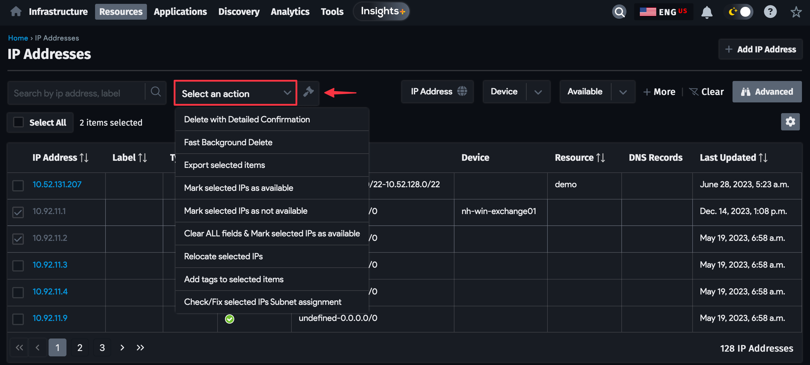 Bulk actions menu