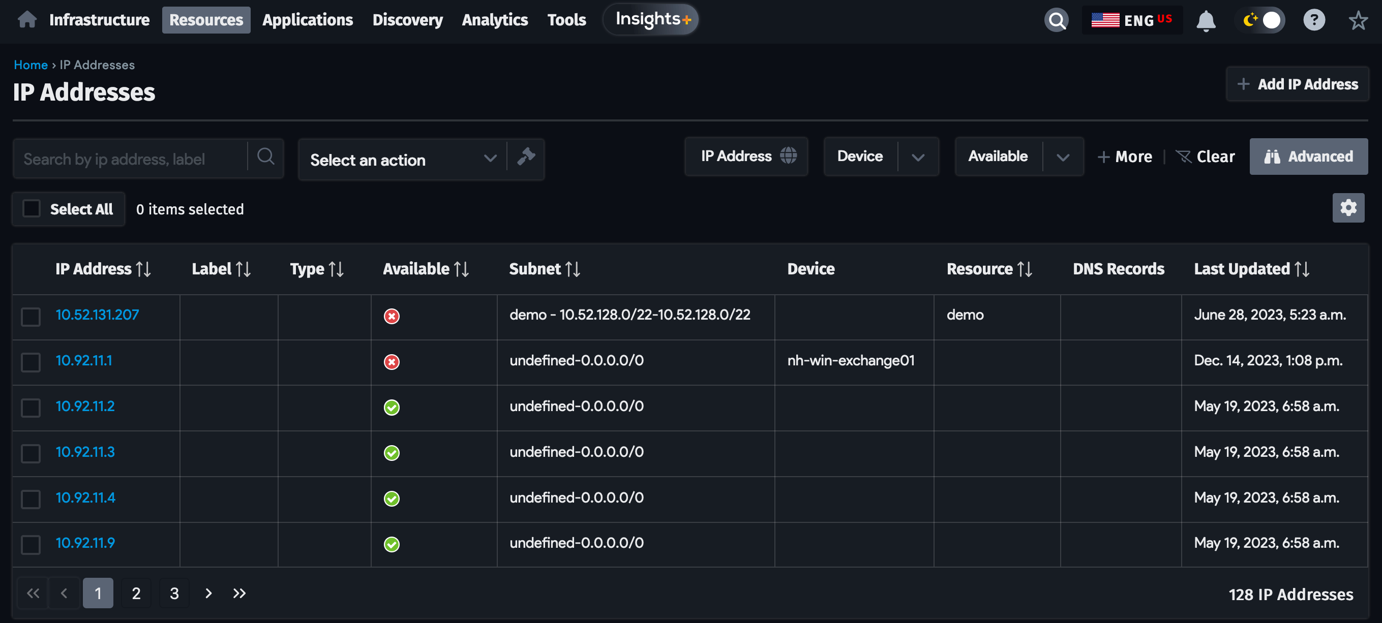 IP Addresses list page