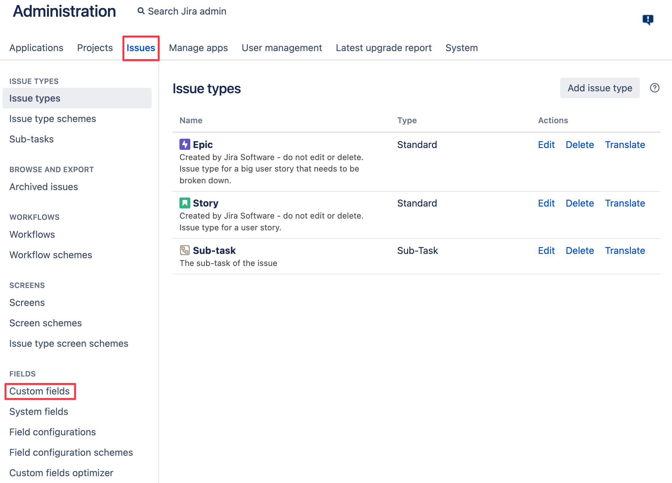 Custom fields menu