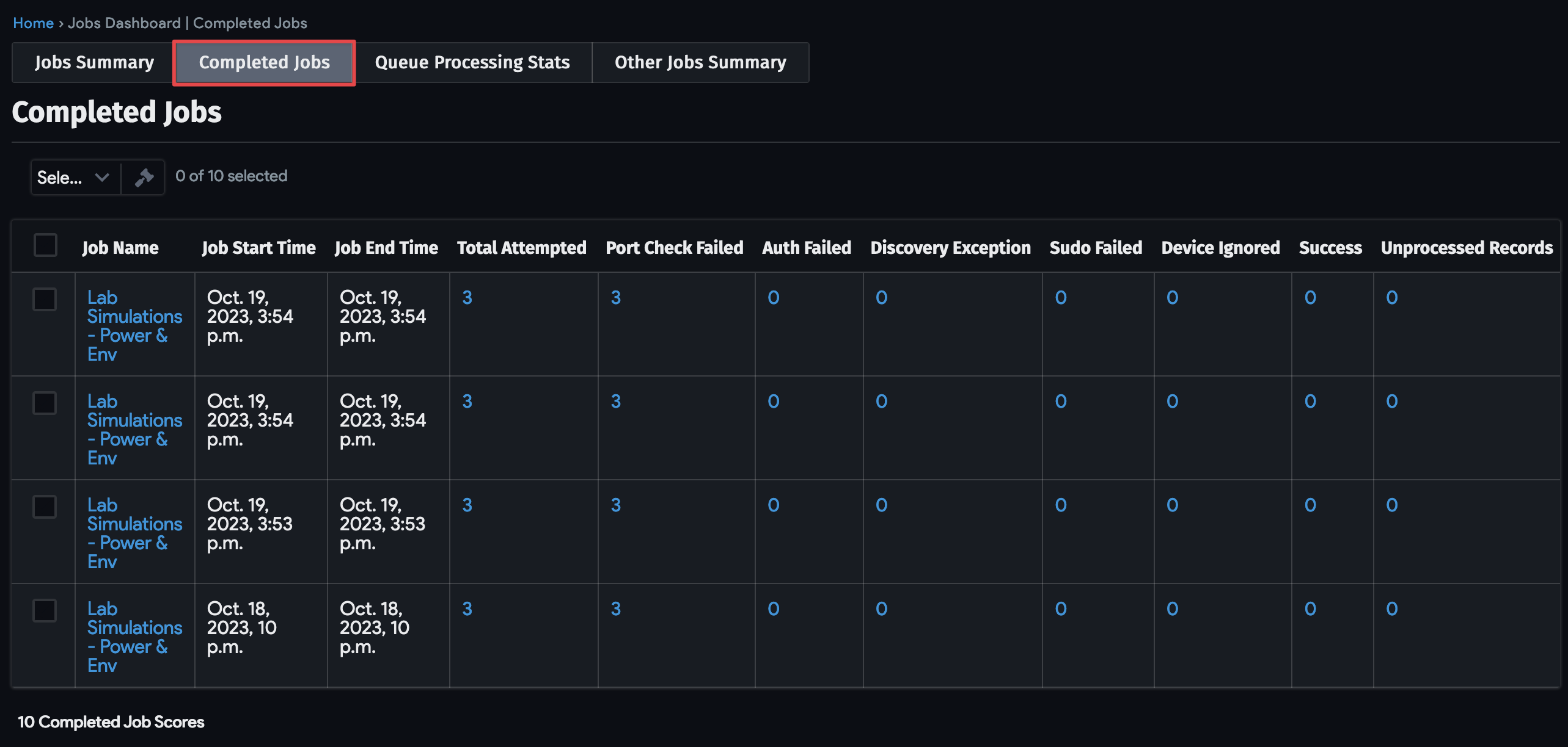 Completed Jobs dashboard page