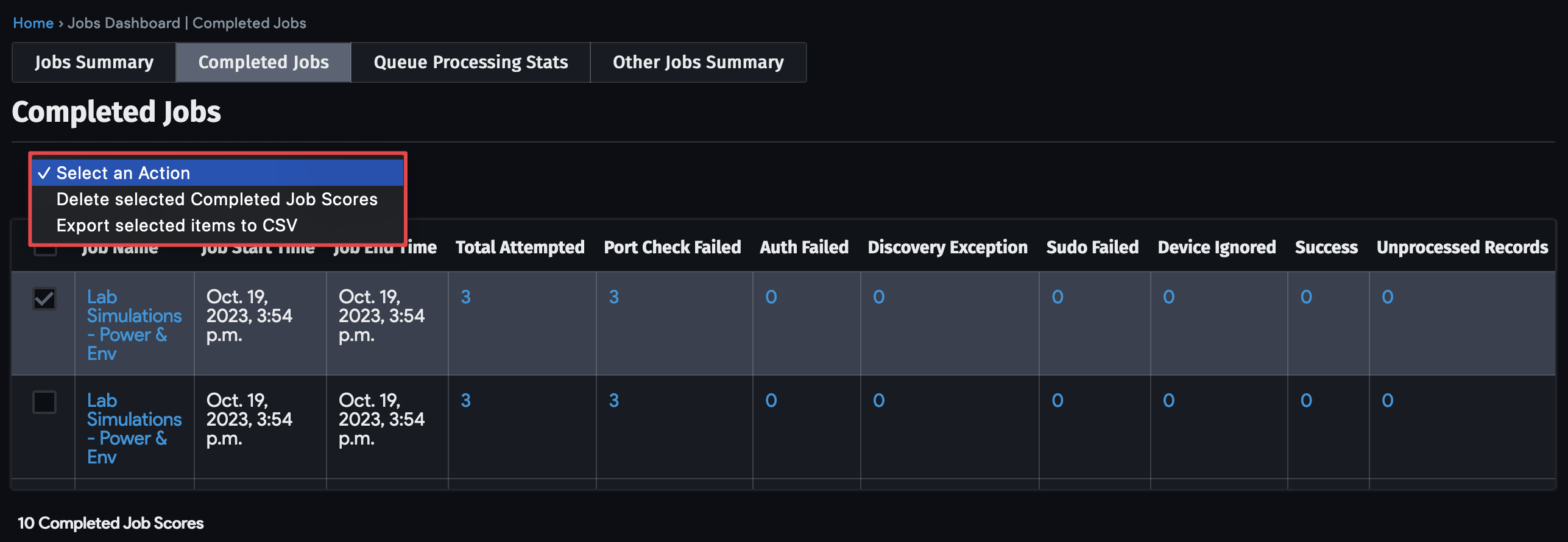 Completed Jobs actions