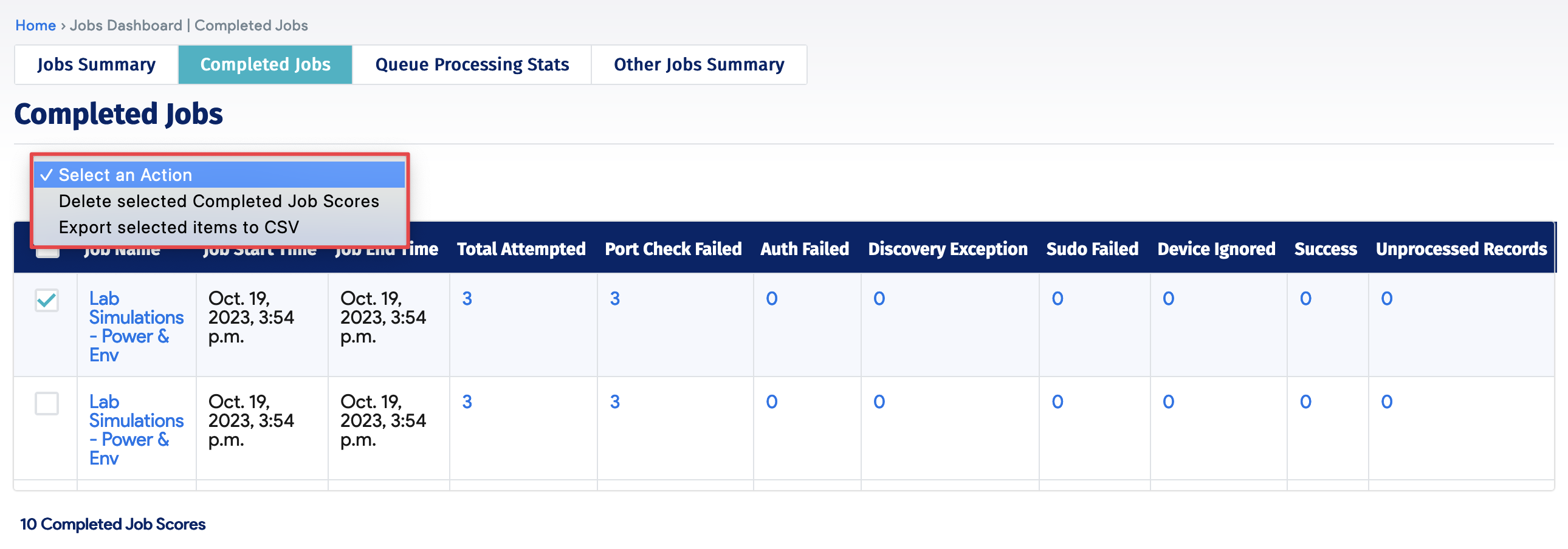 Completed Jobs actions
