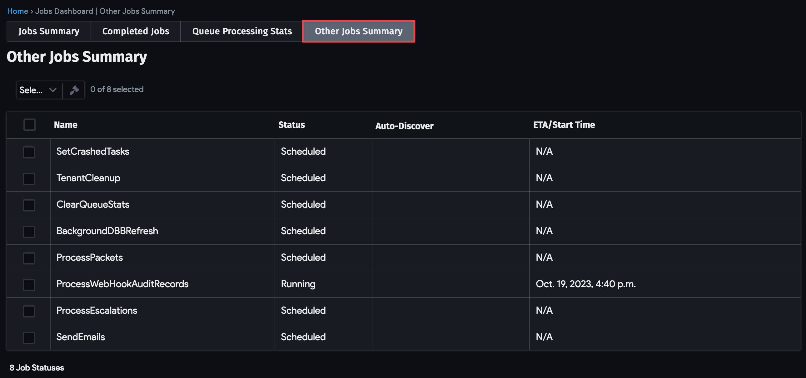 Other Jobs Summary page