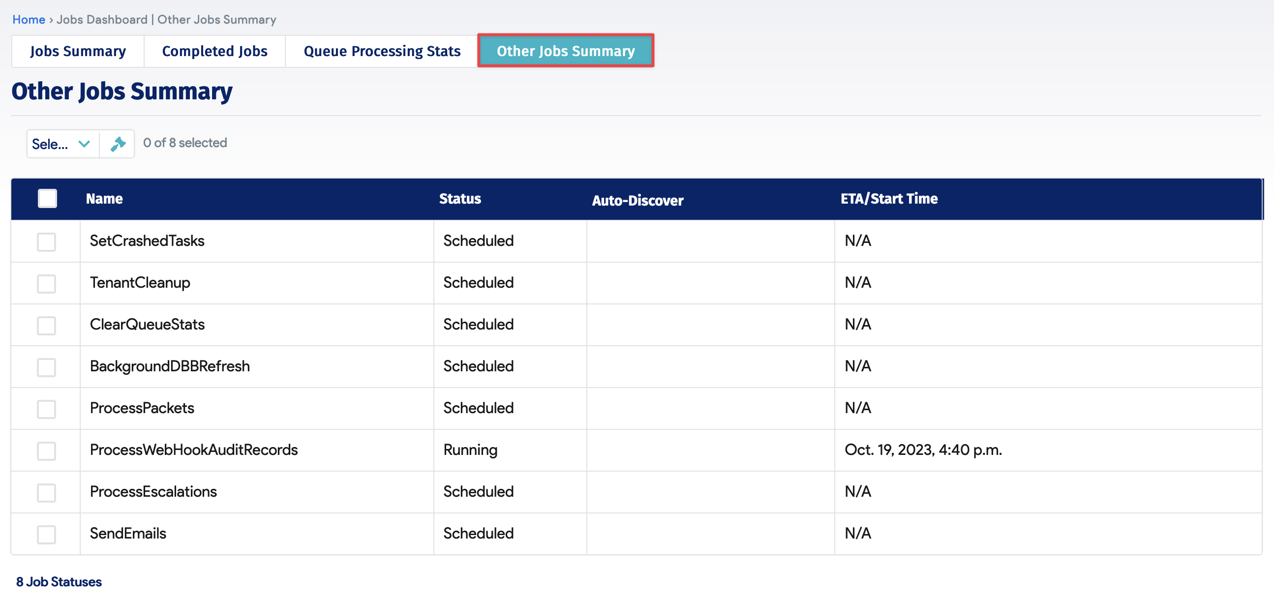 Other Jobs Summary page
