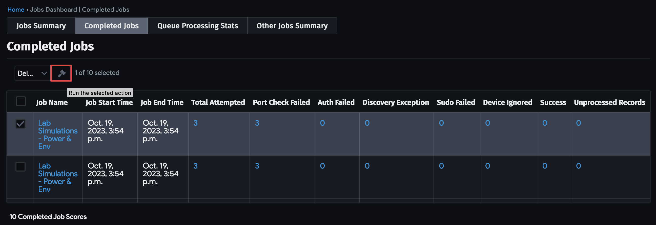 Completed Jobs run action