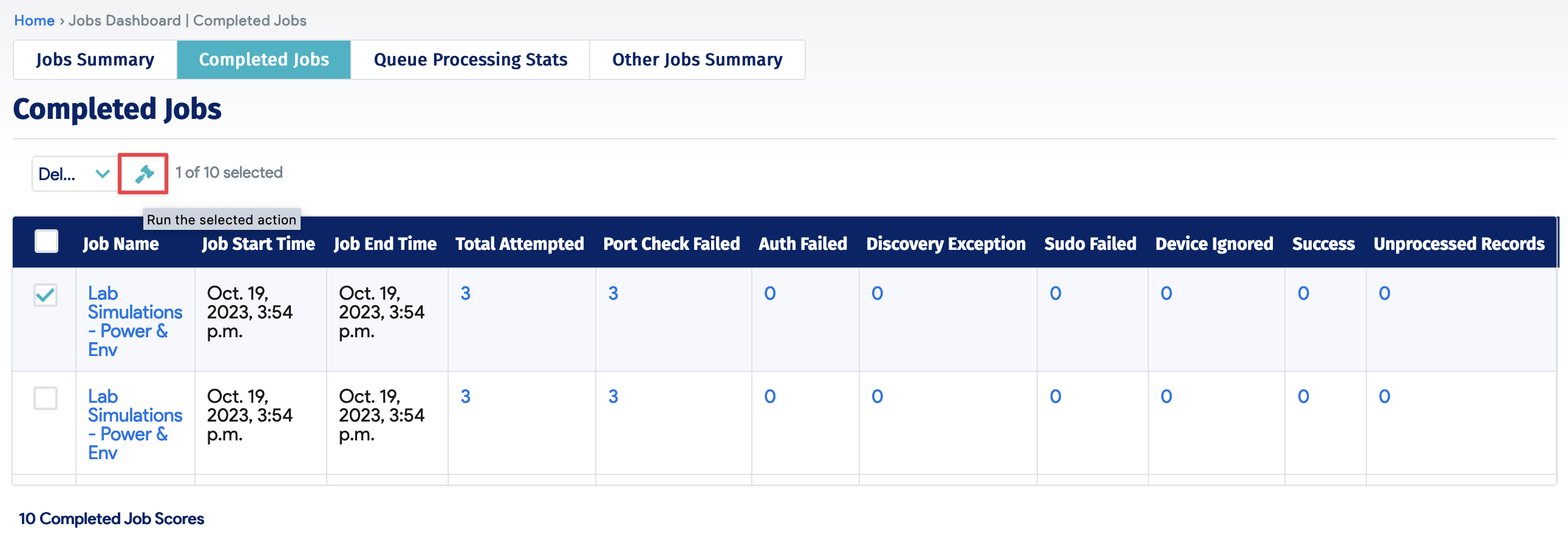 Completed Jobs run action