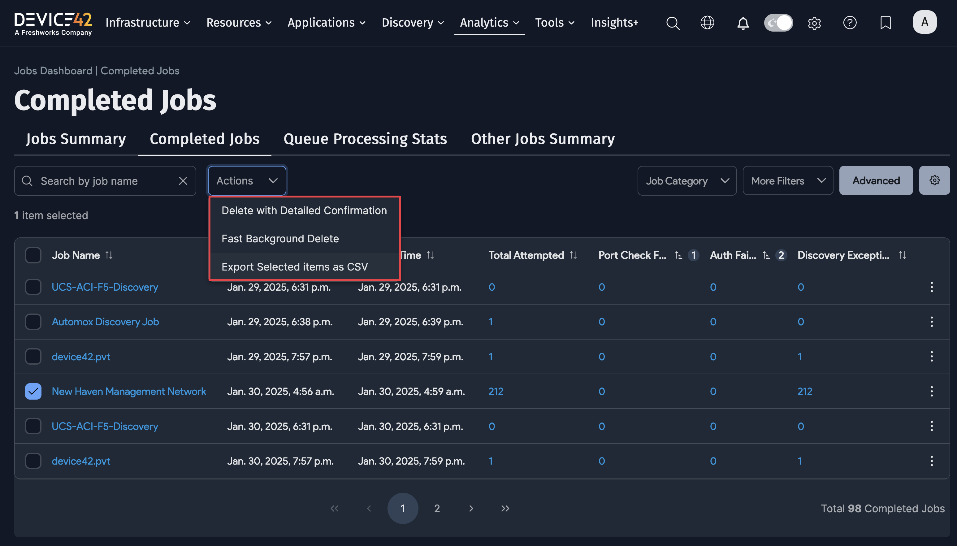 Completed Jobs actions