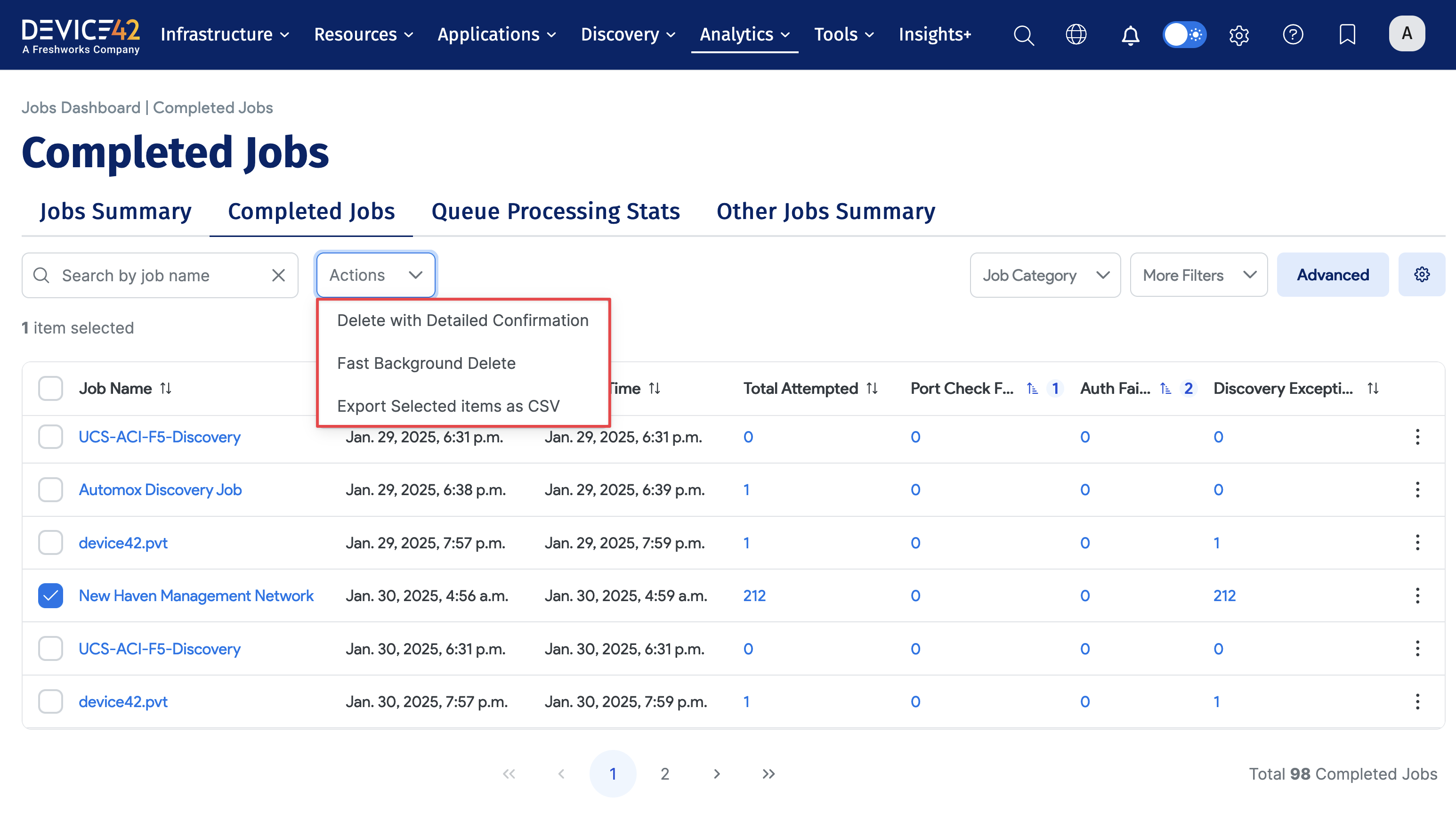Completed Jobs actions