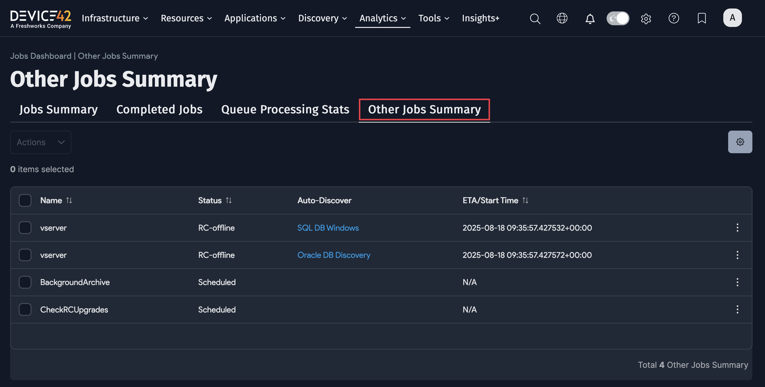 Other Jobs Summary page