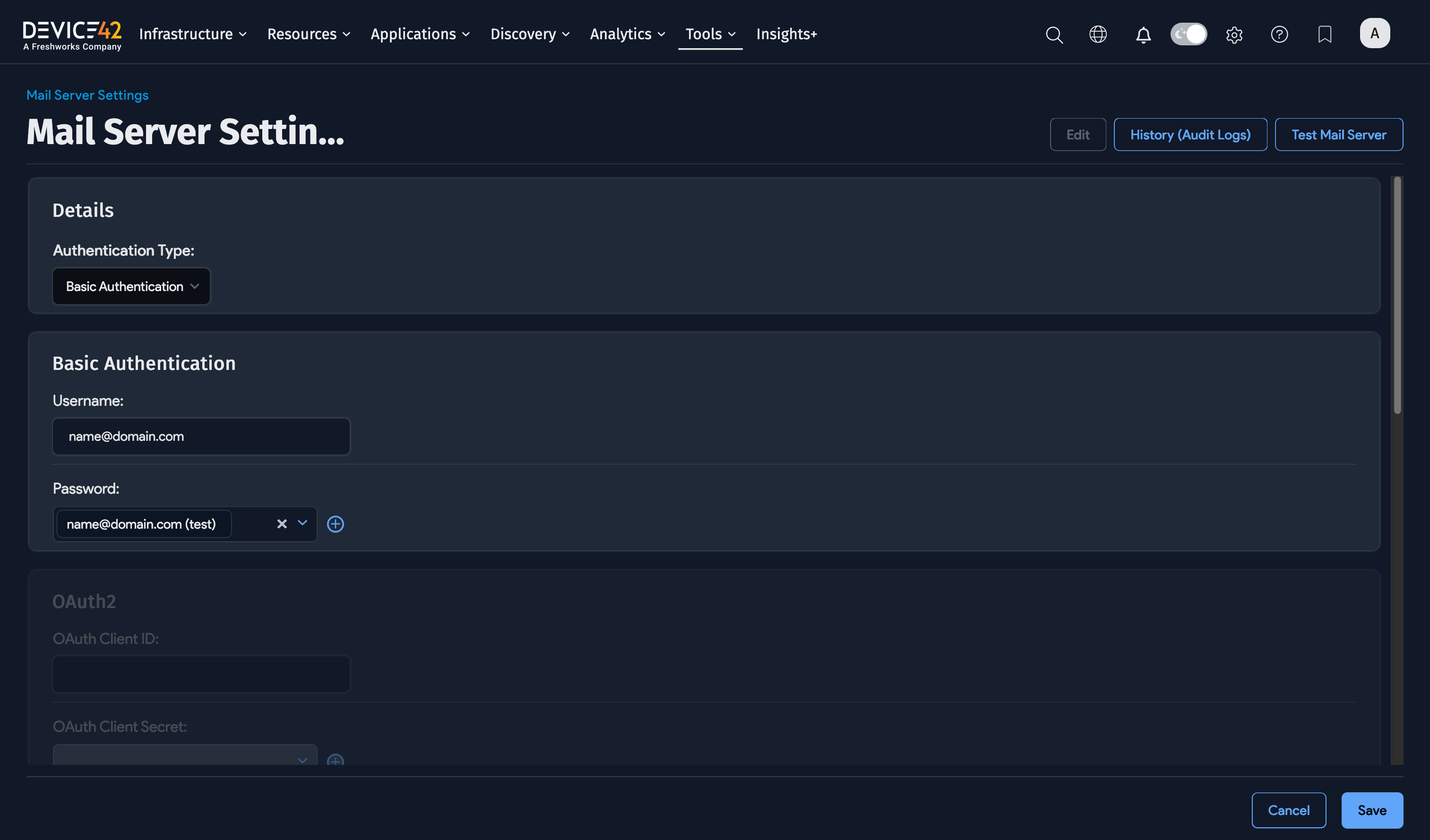 Basic authentication mail server fields