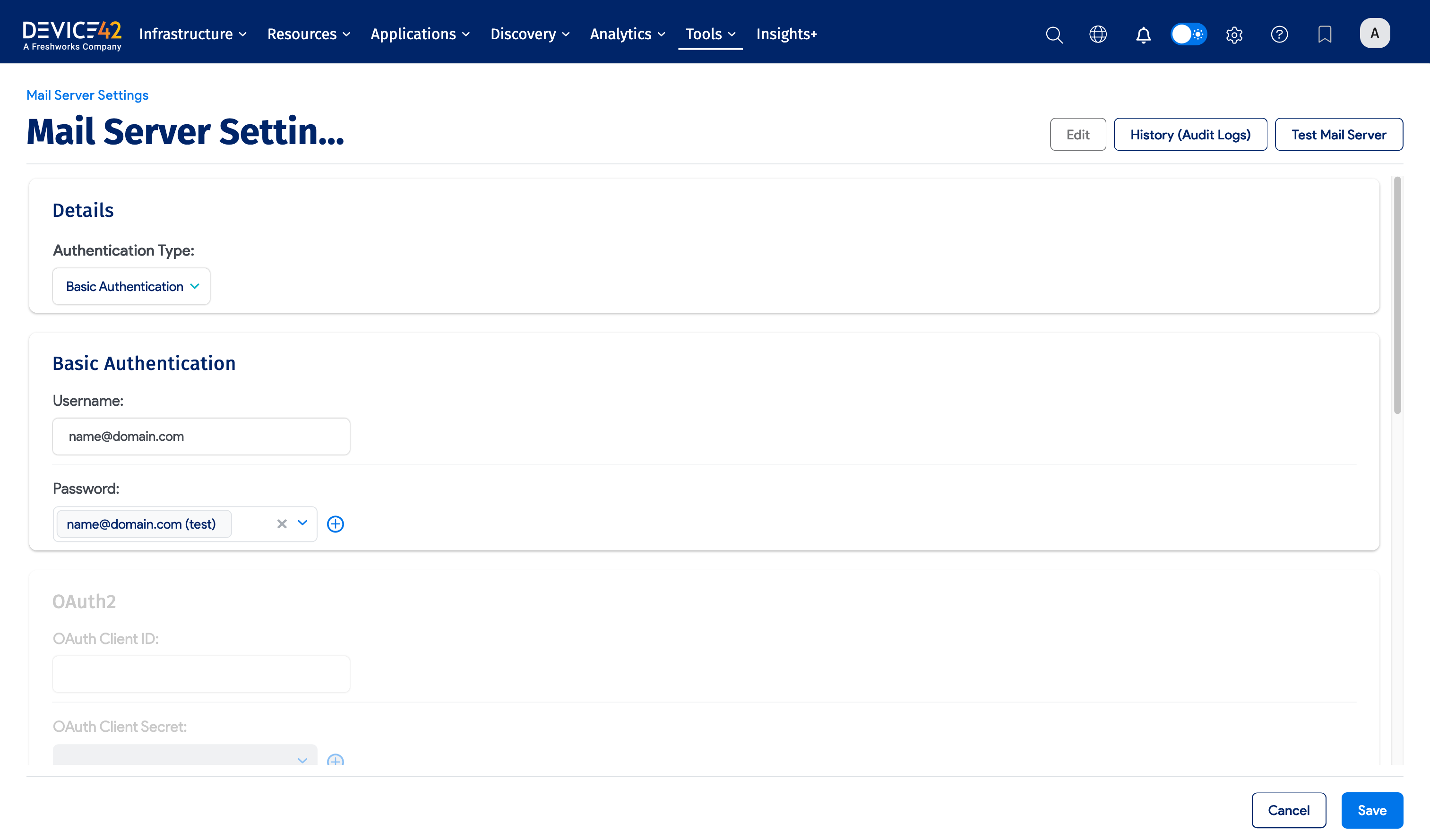 Basic authentication mail server fields