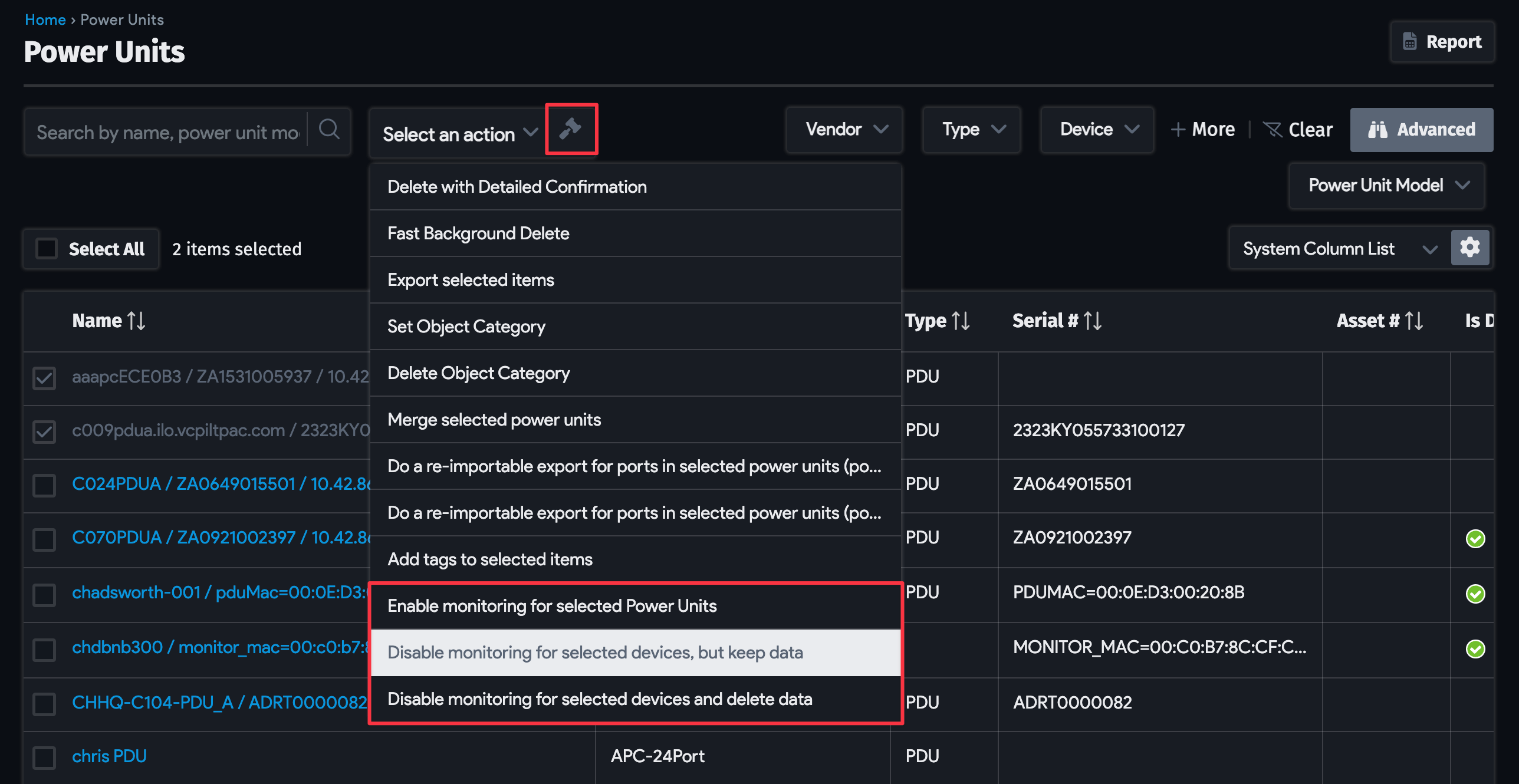 Power Units monitoring bulk actions