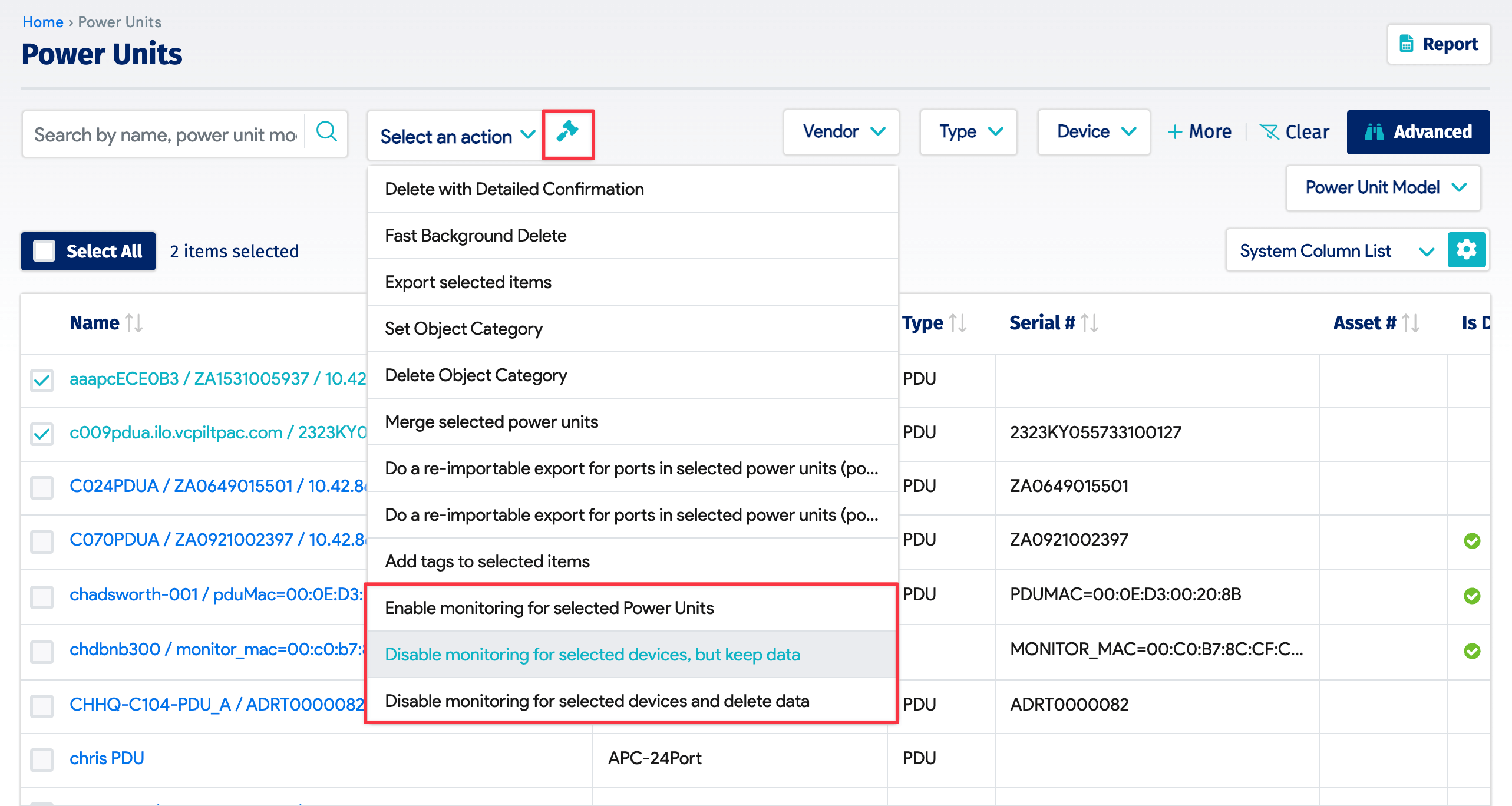 Power Units monitoring bulk actions