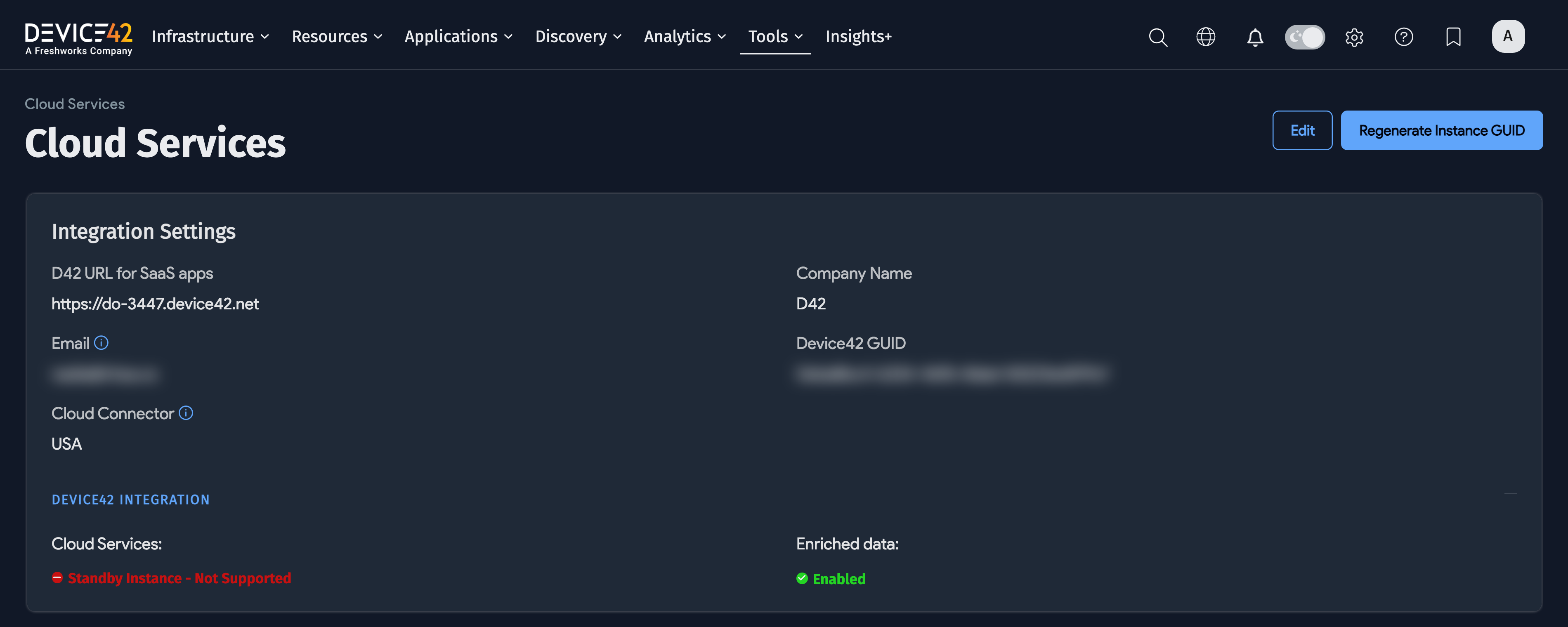 The Cloud Services page with the Regenerate Instance GUID button