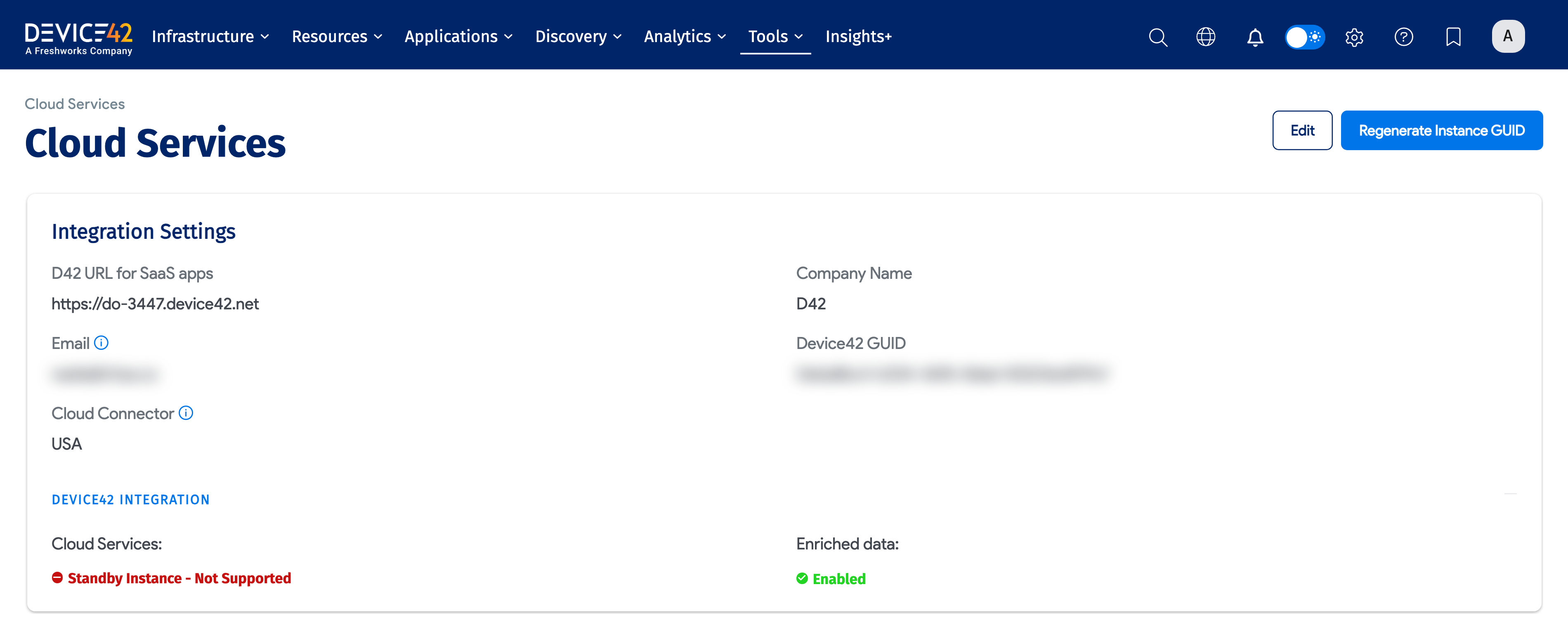 The Cloud Services page with the Regenerate Instance GUID button