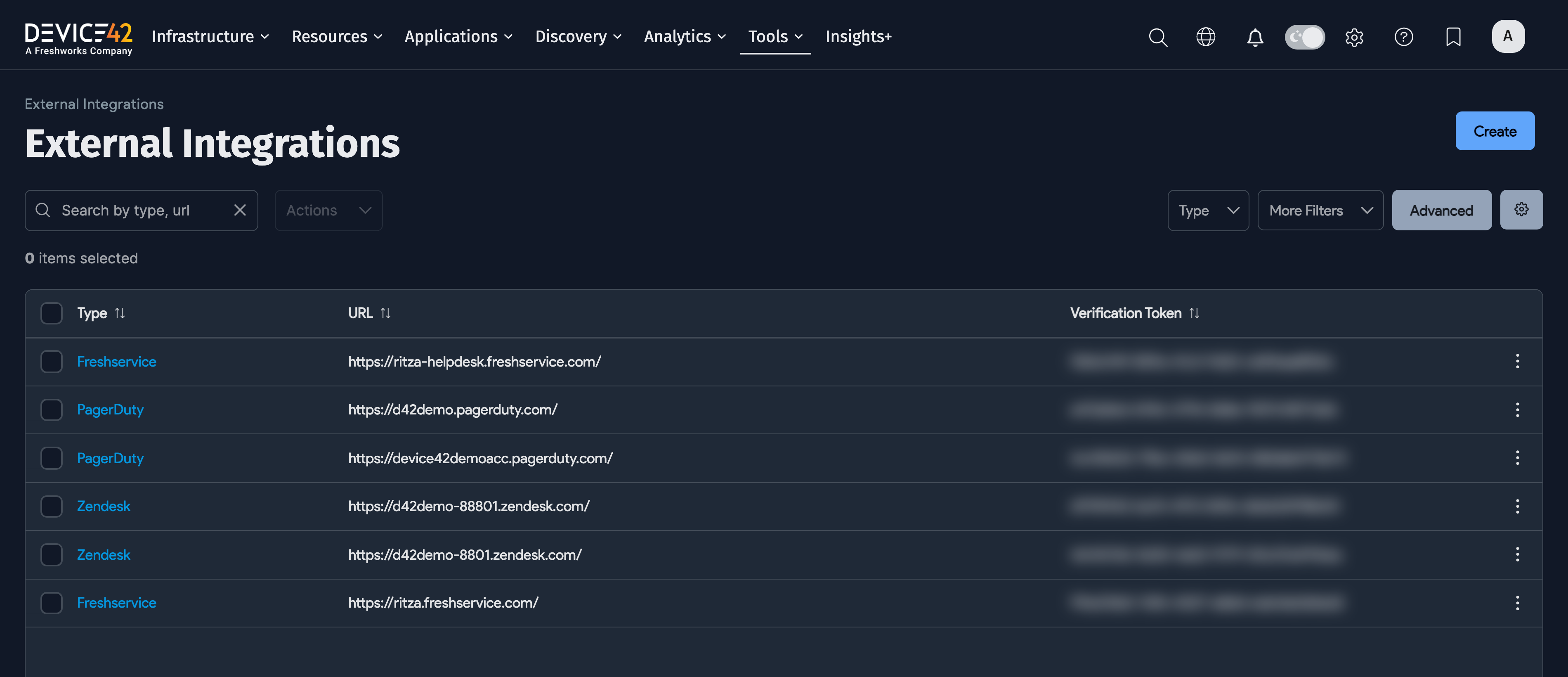 The External Integrations list page with the Verification Token column