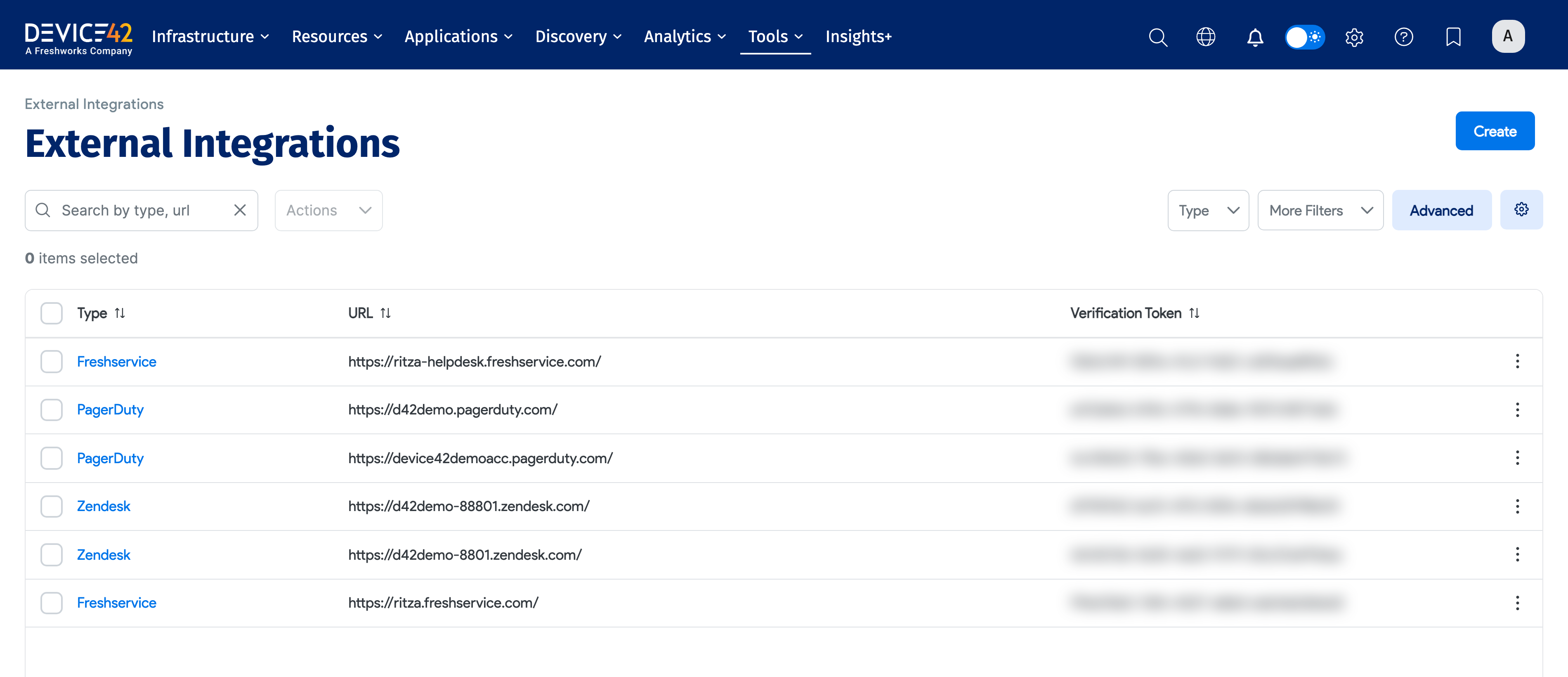 The External Integrations list page with the Verification Token column