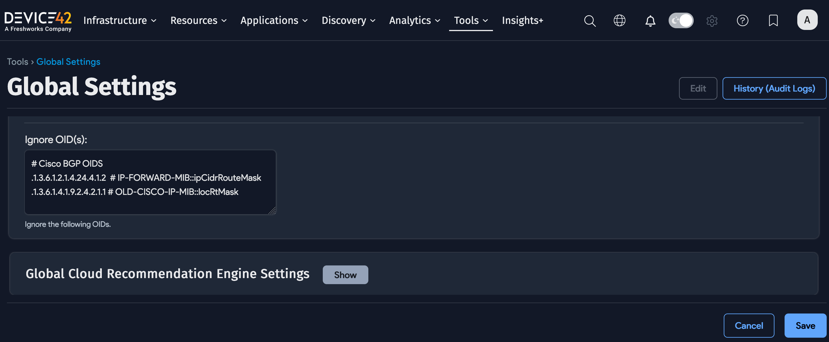 Global Settings Ignore OID(s) field