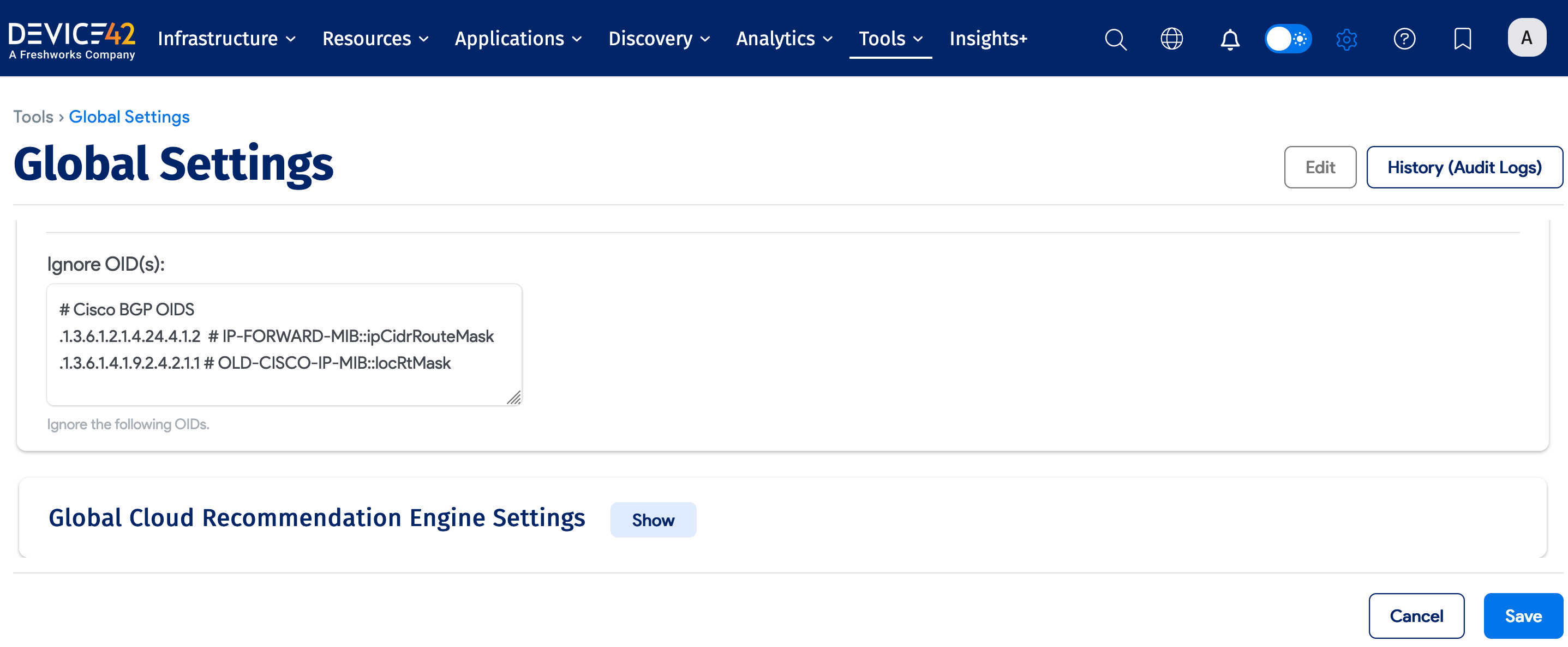 Global Settings Ignore OID(s) field
