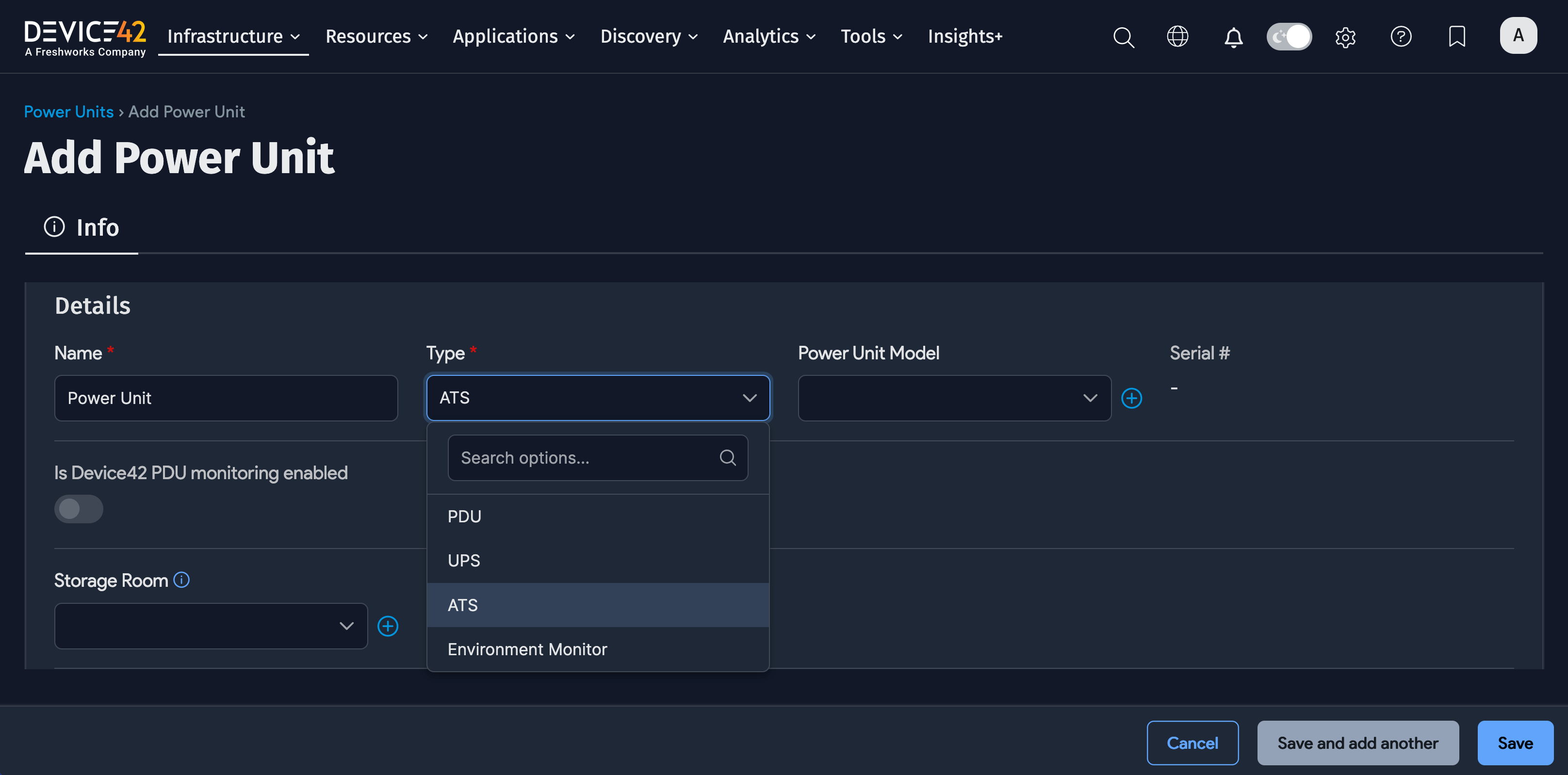 Add Power Unit form with ATS type selected