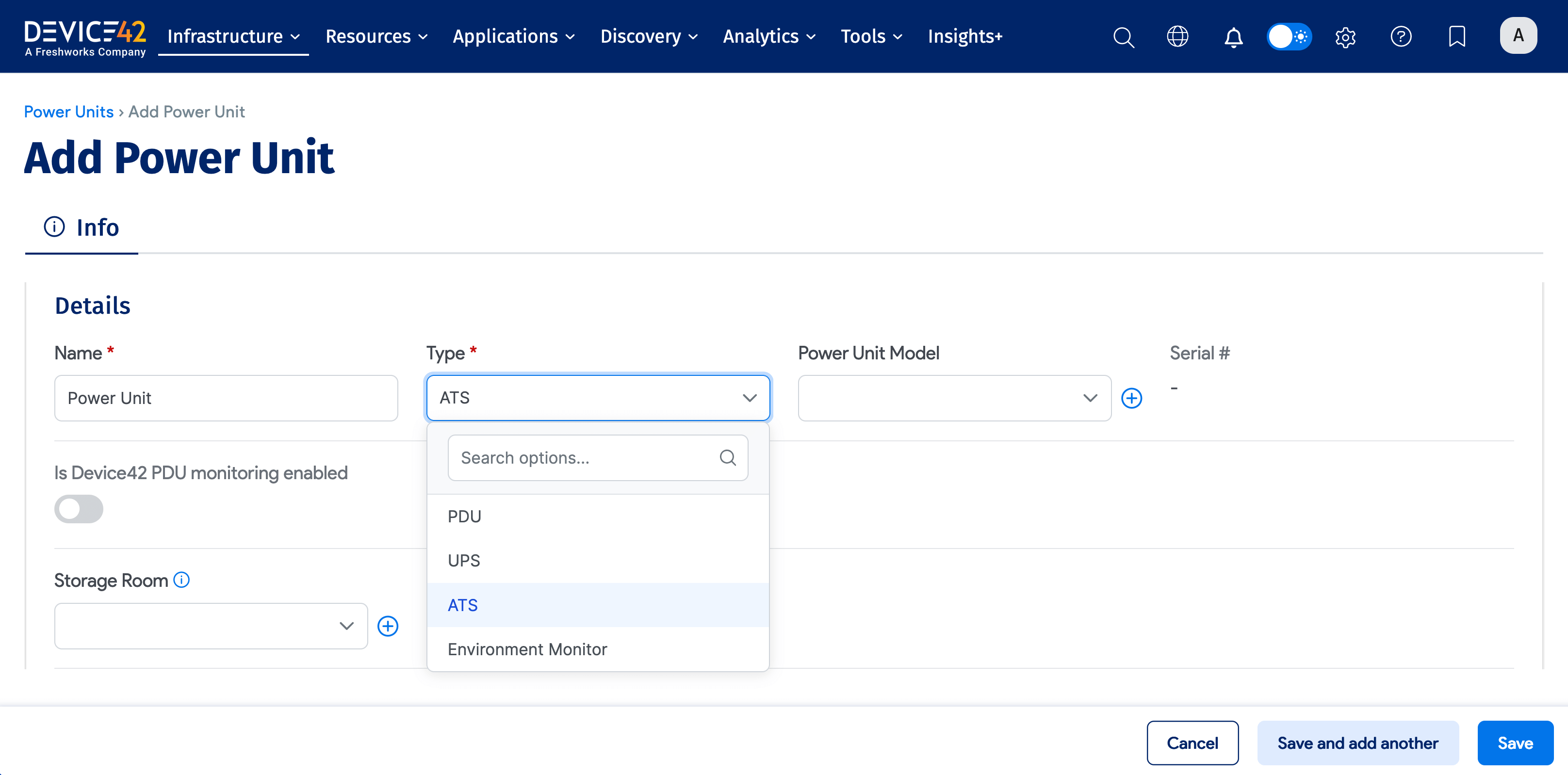 Add Power Unit form with ATS type selected