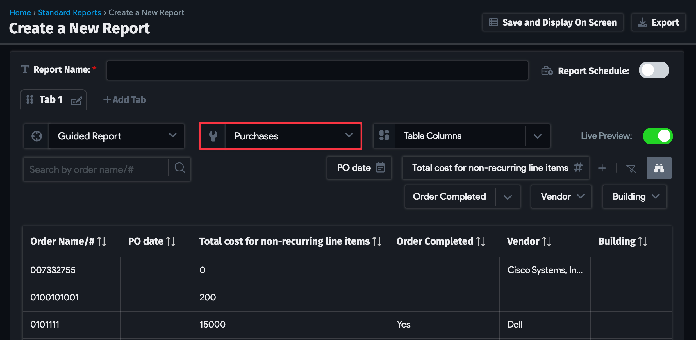 Create new Standard Report