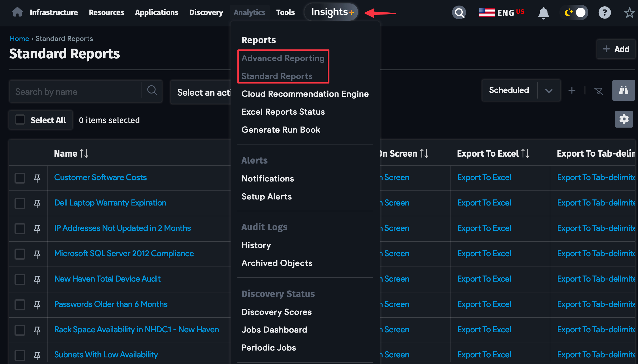 Reports menu