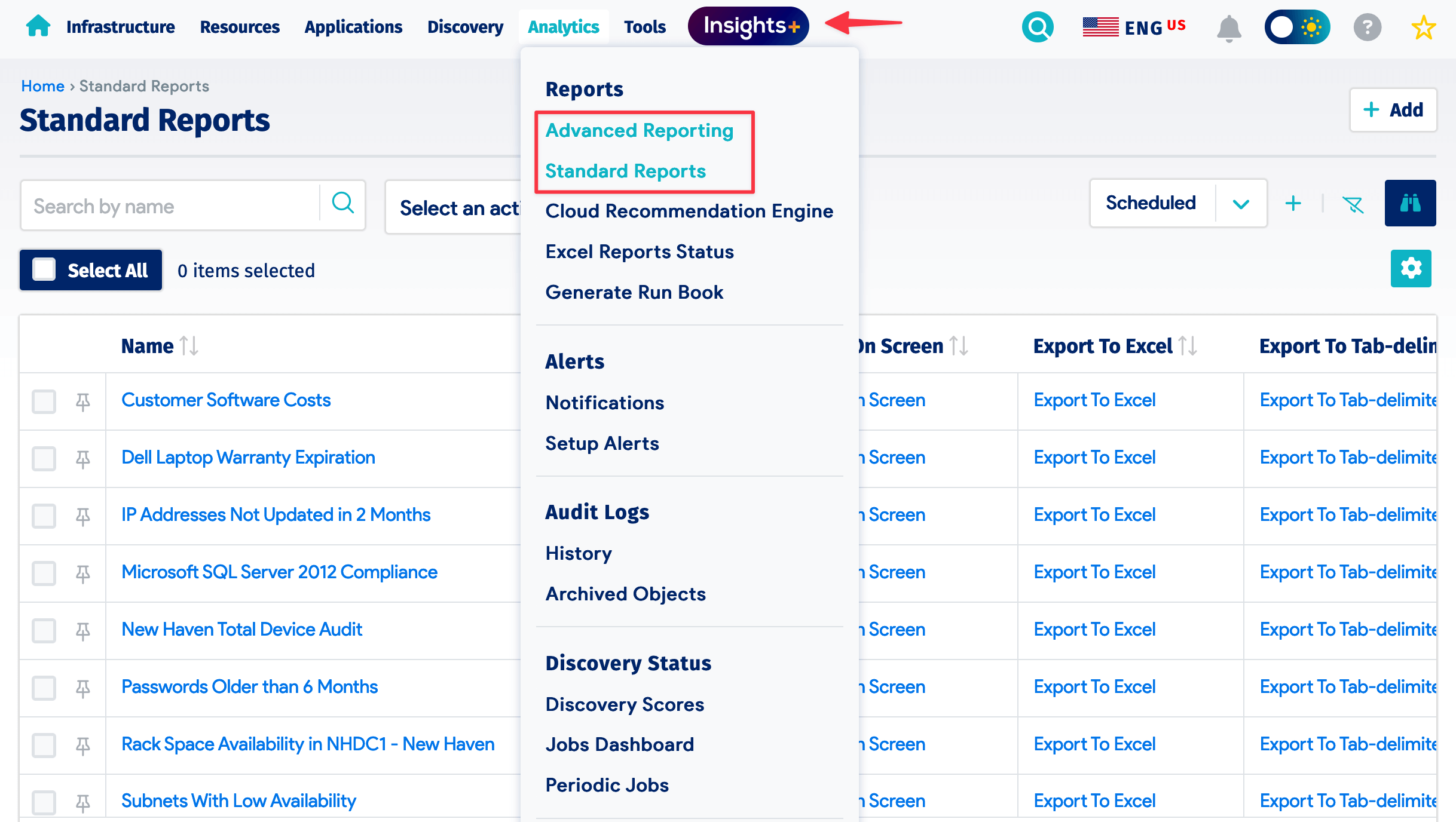 Reports menu