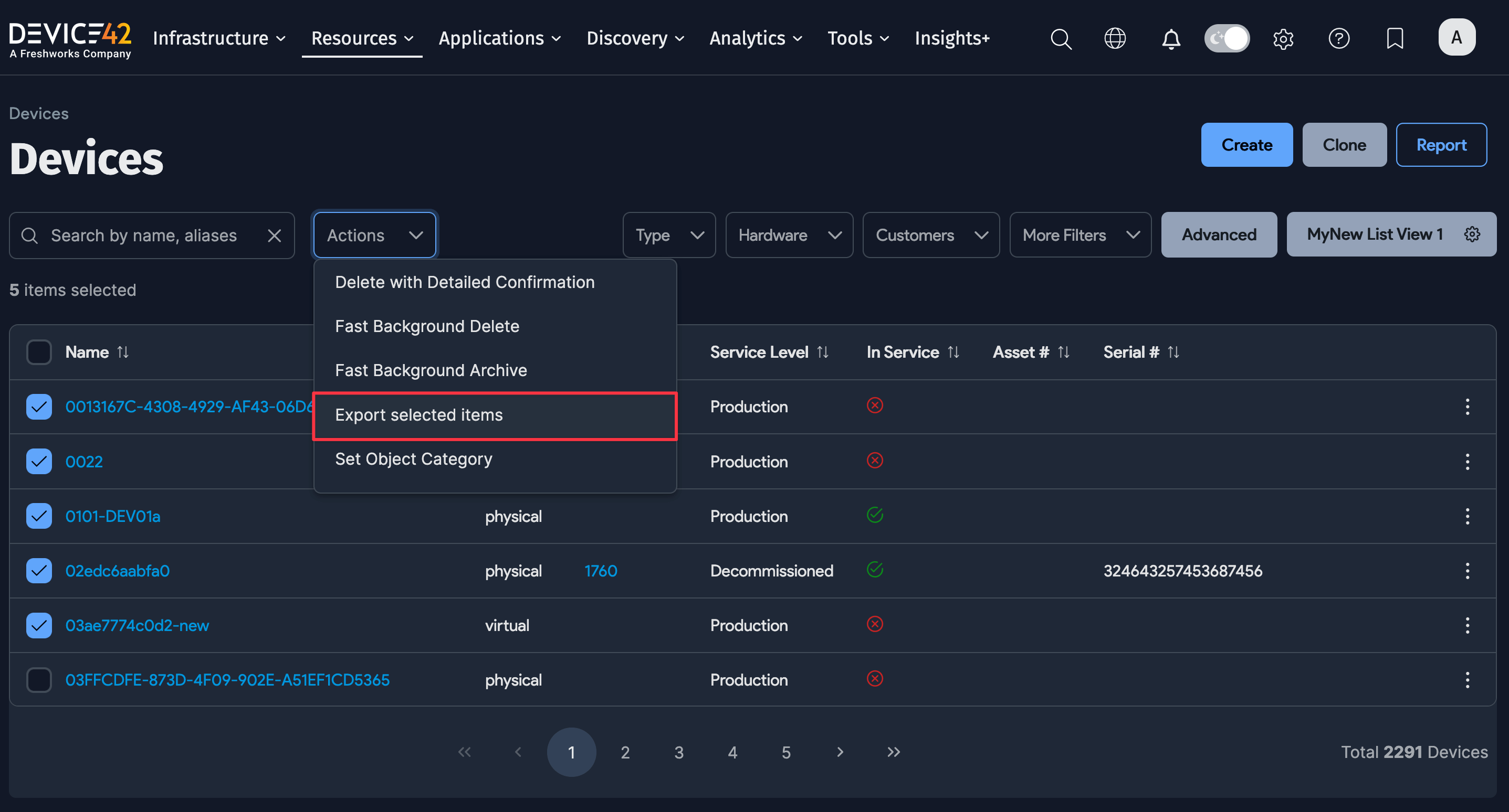 Device actions menu