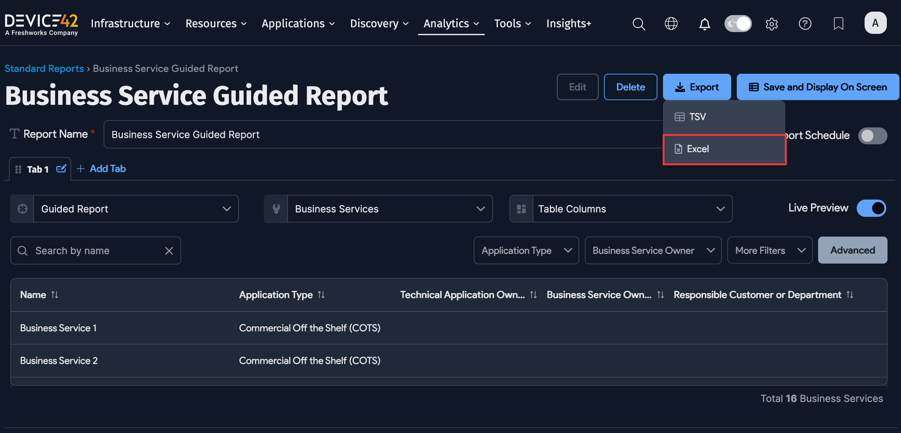 Export Report to Excel option