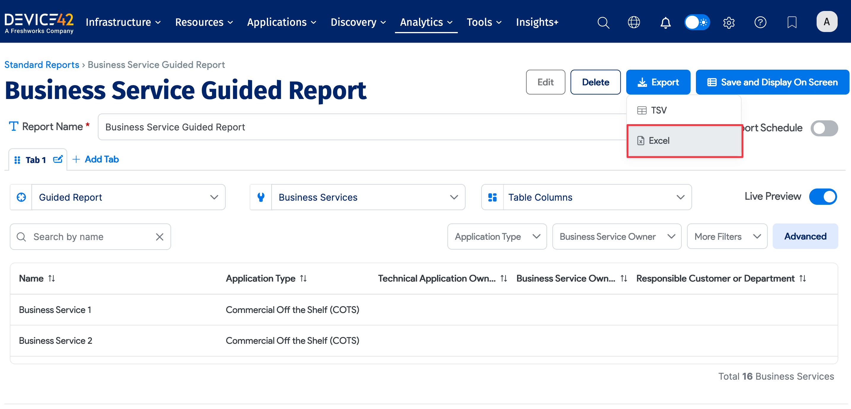 Export Report to Excel option