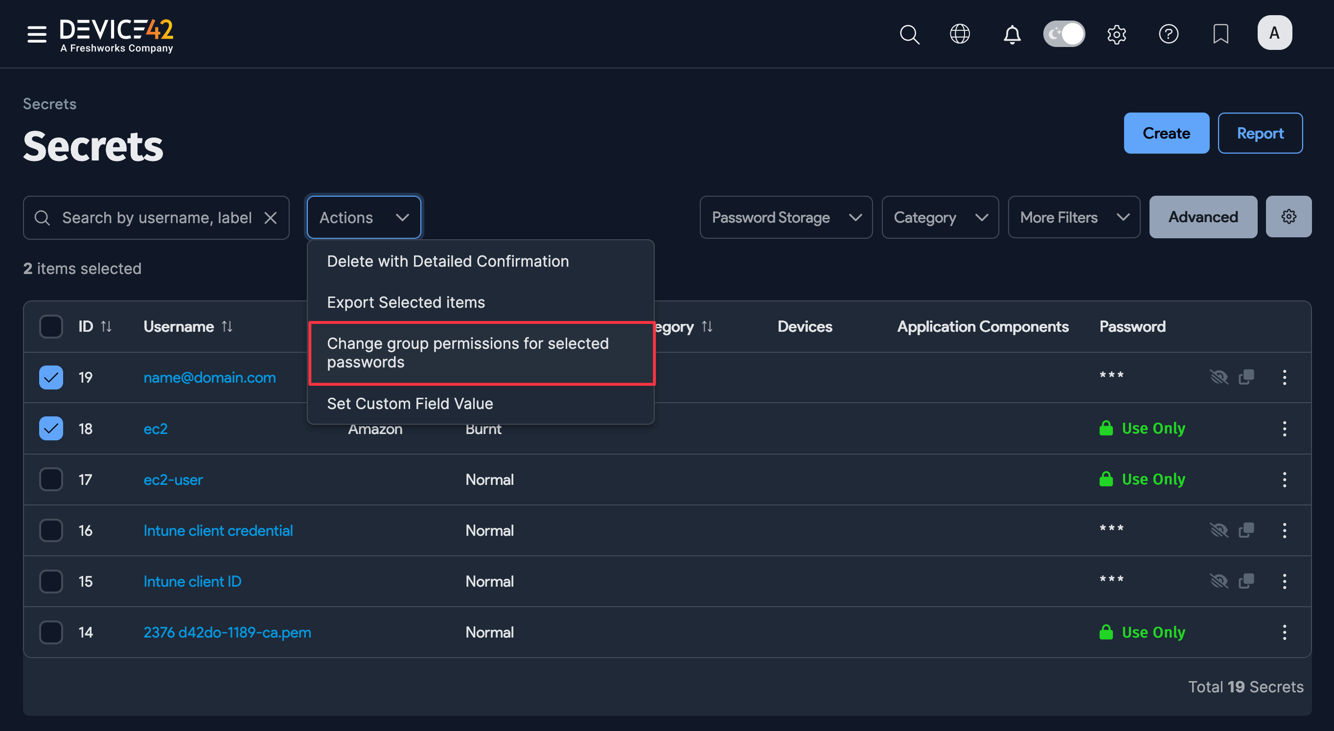 Secrets action menu