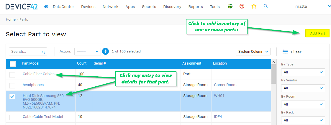 Select part to view - Parts list screen