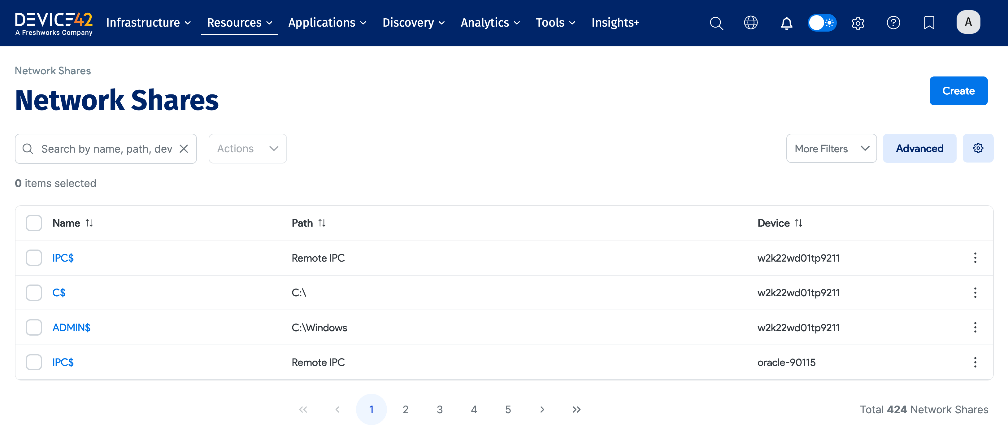 Network Shares list page