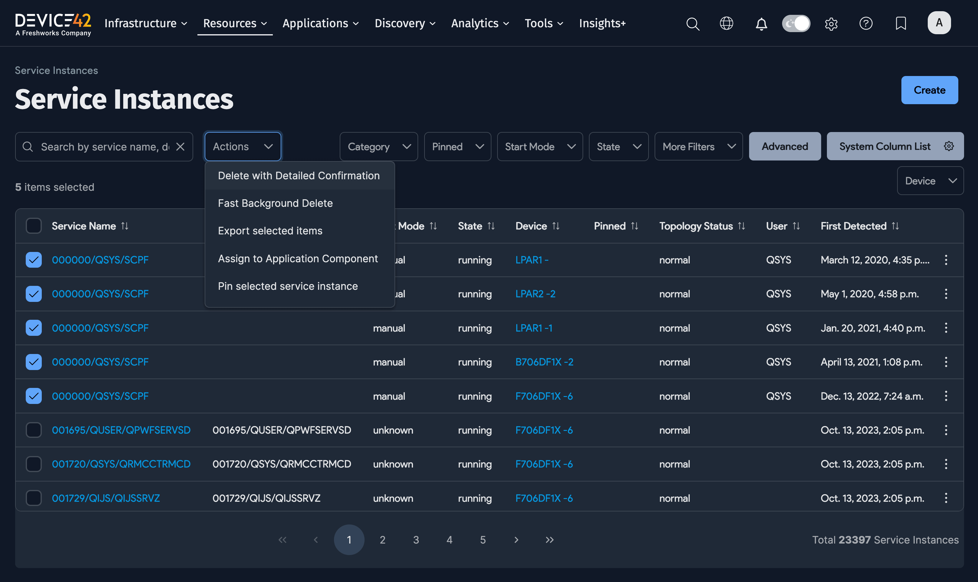 Service Instance Actions menu
