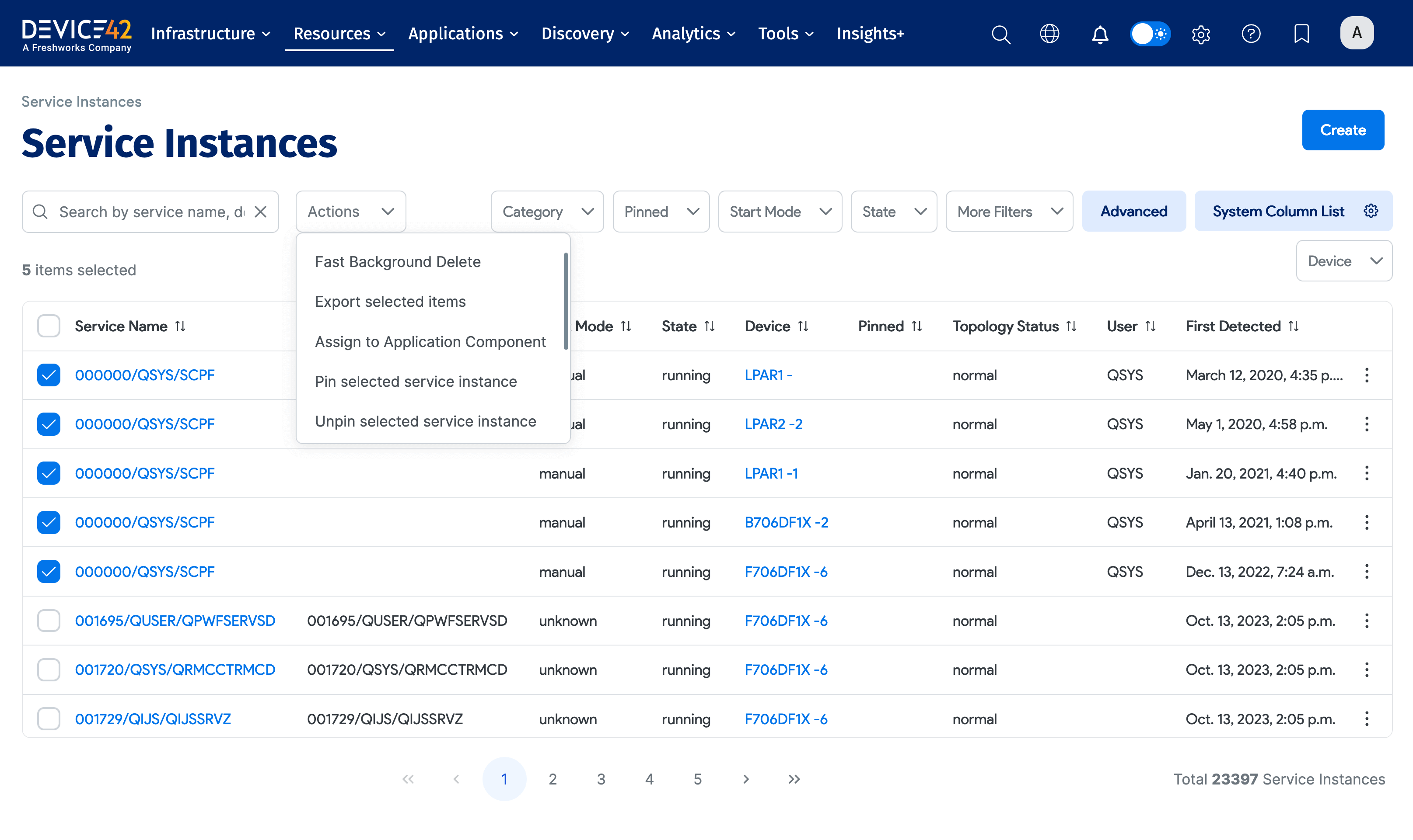Service Instance Actions menu