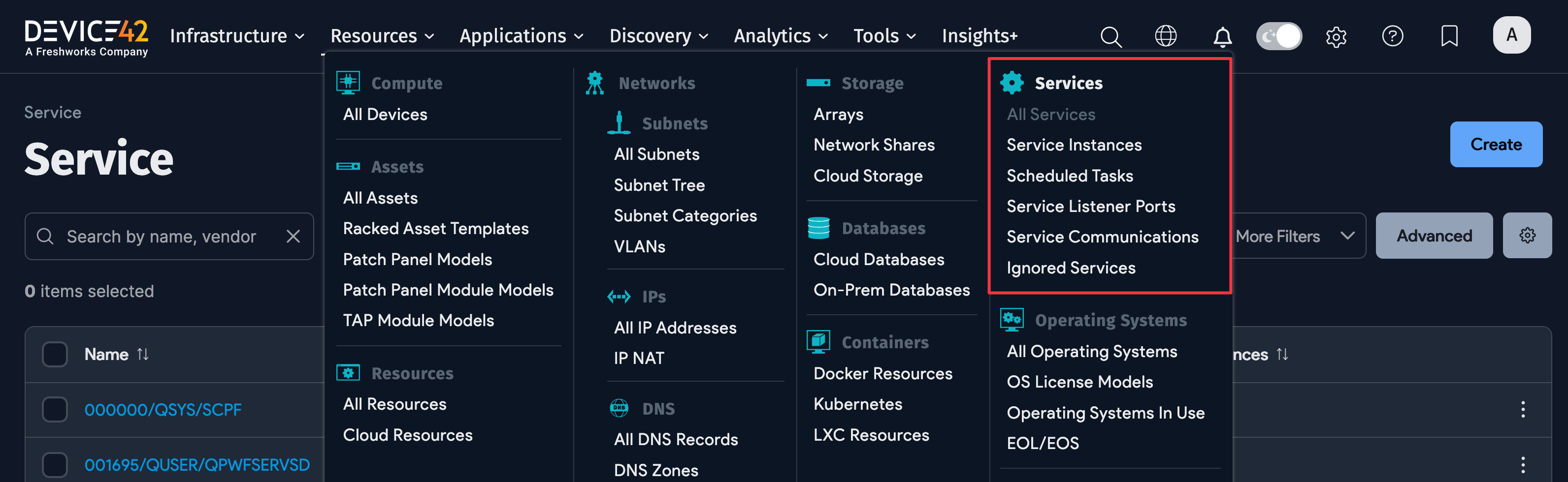 Services menu options