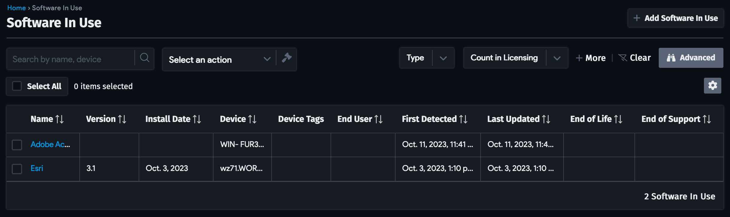 Software in use list