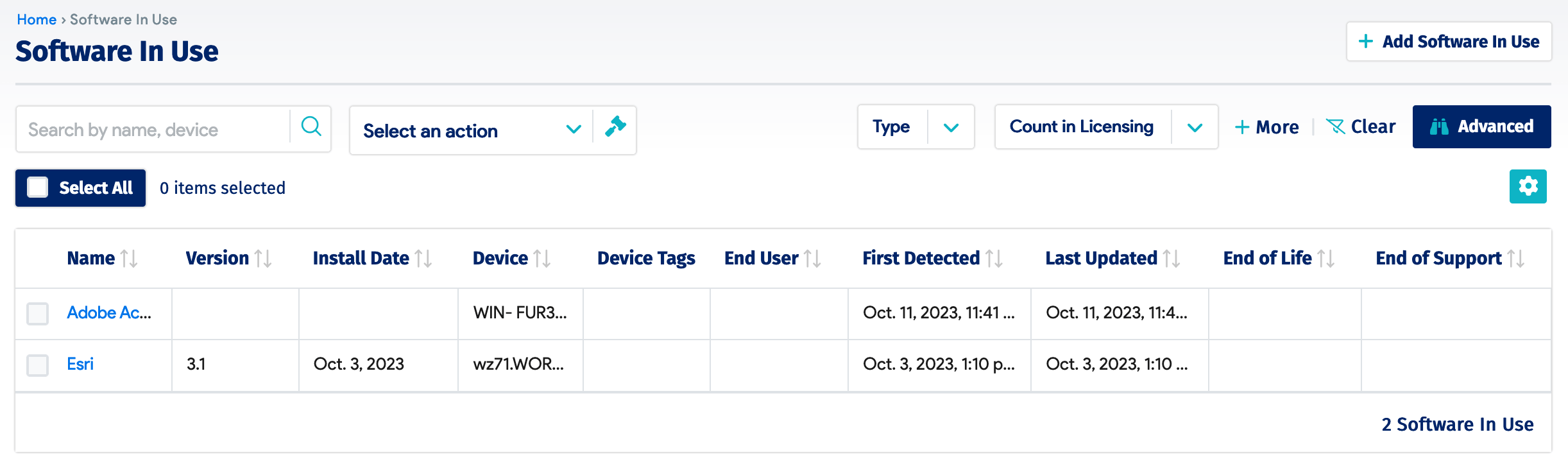 Software in use list