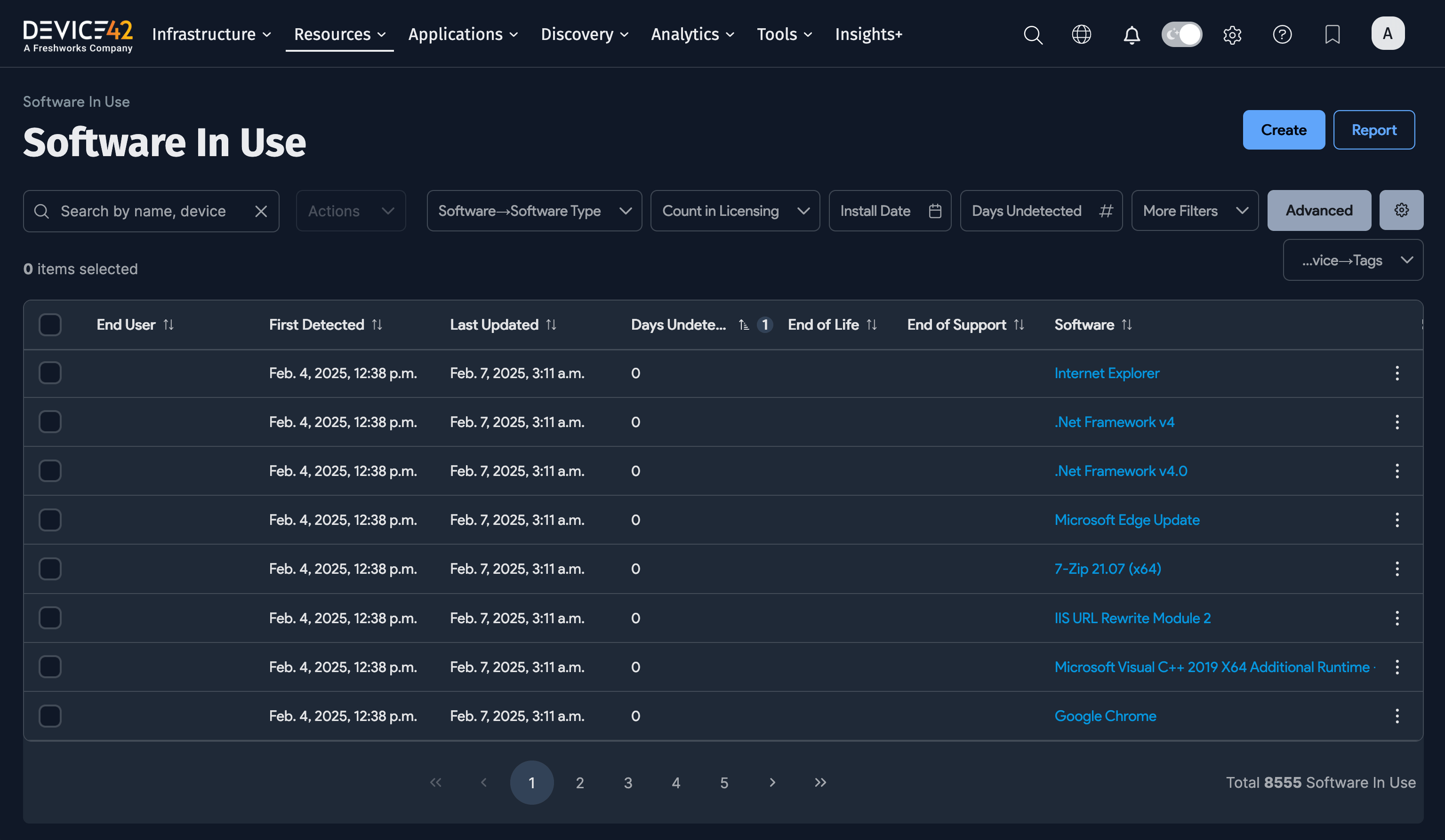Software in use list view