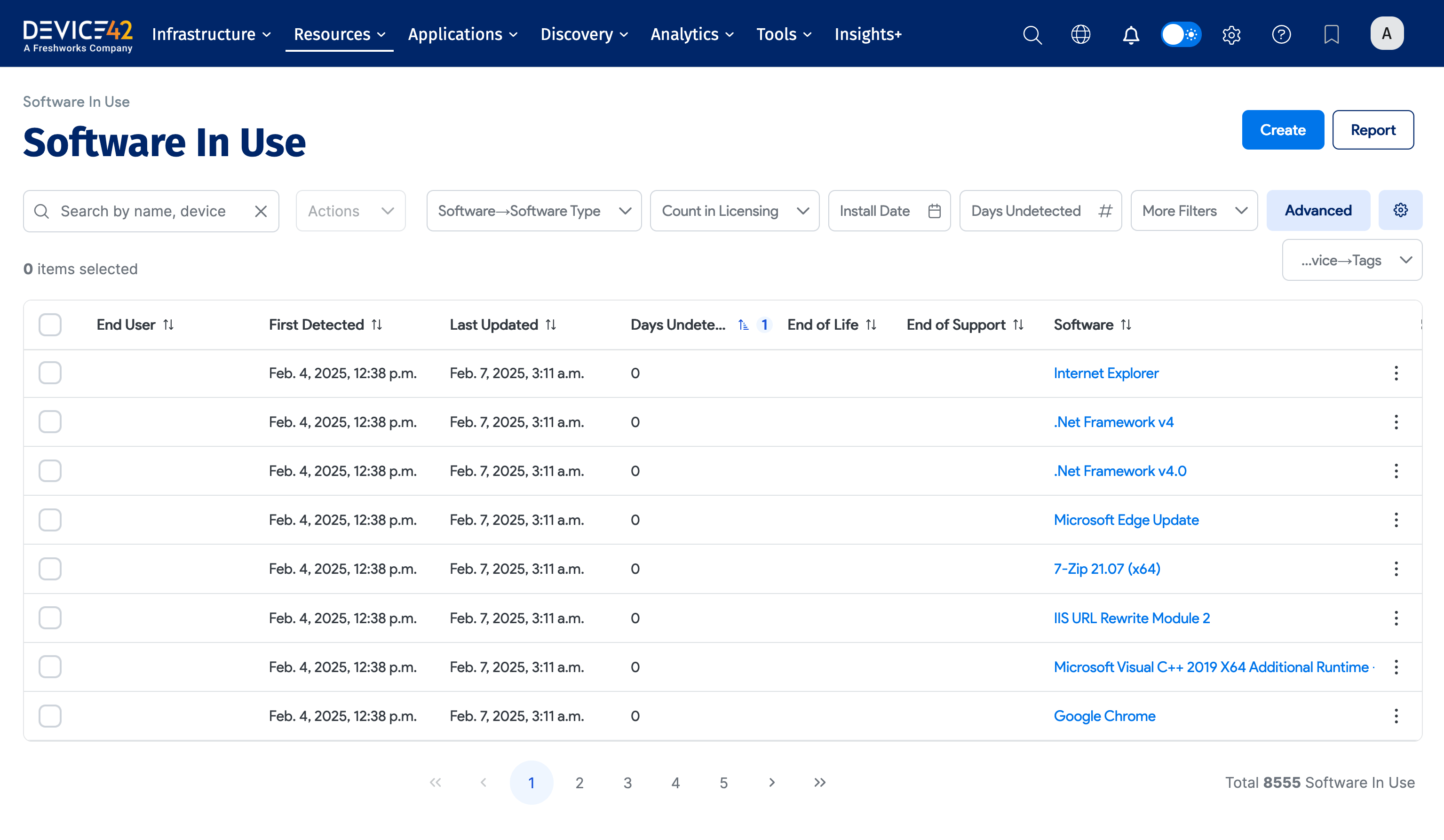 Software in use list view