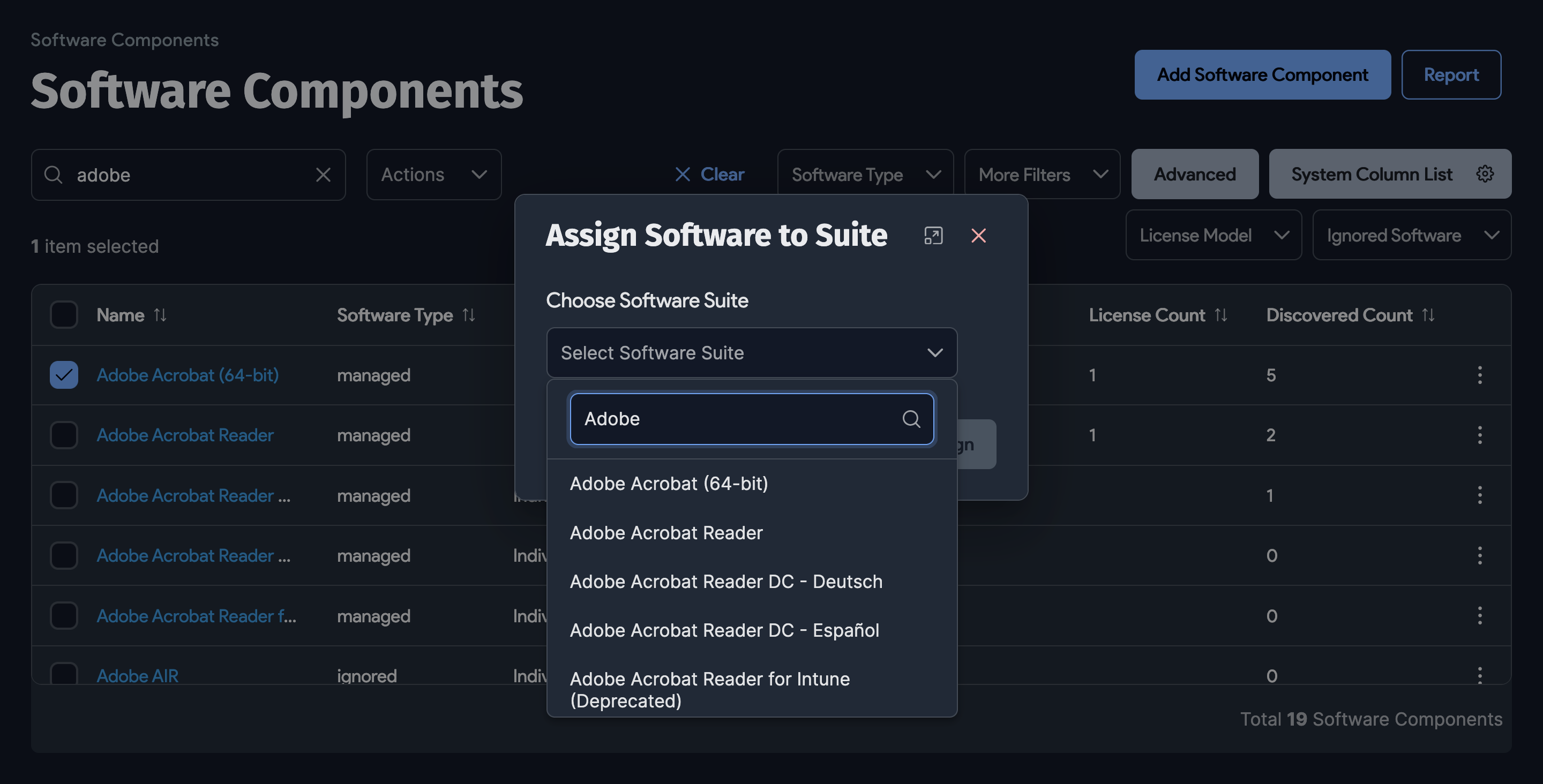 Assign software to suite