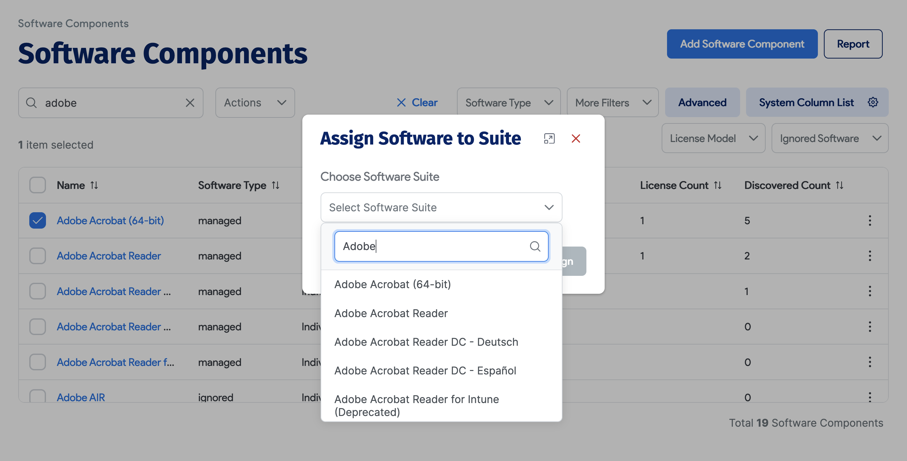 Assign software to suite