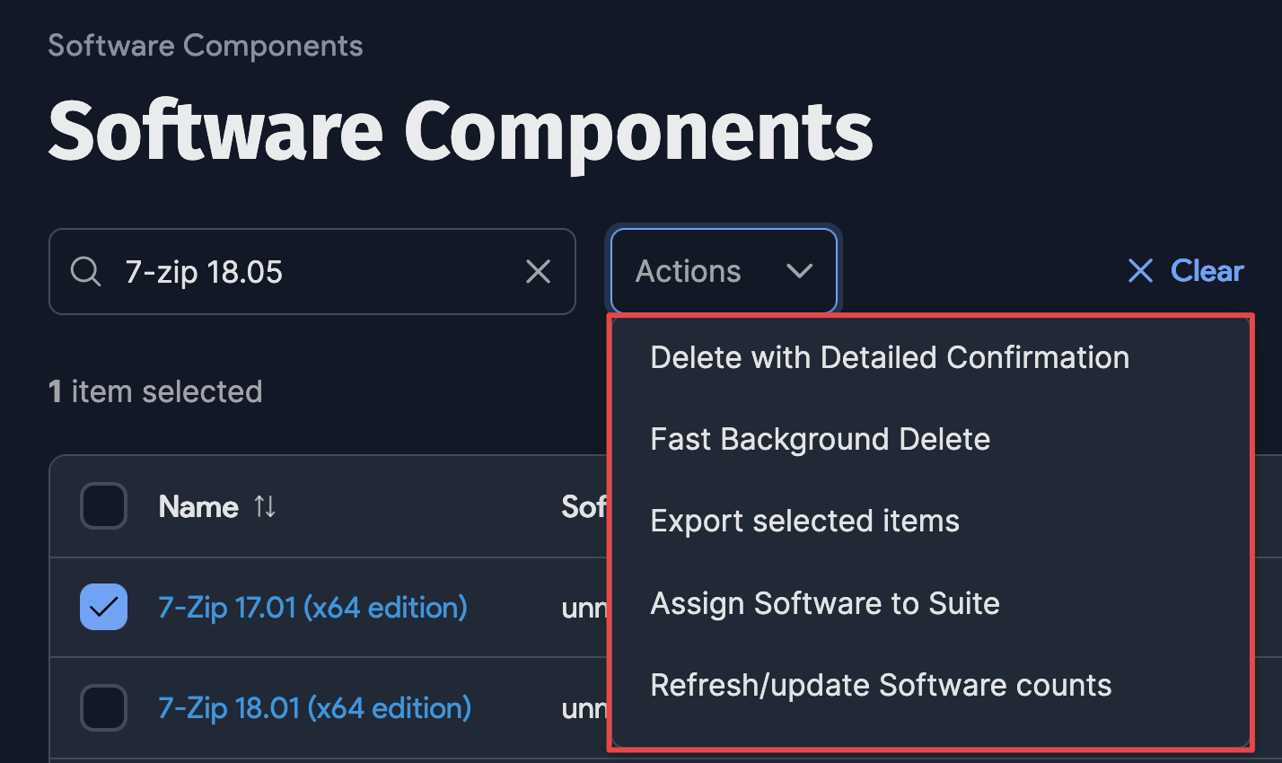 Software component bulk actions