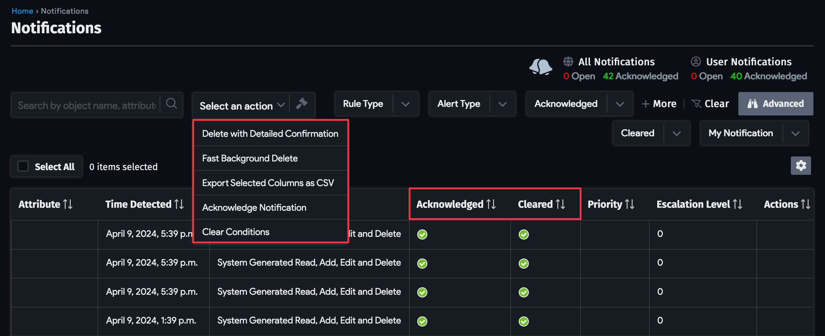 Notification list view and actions