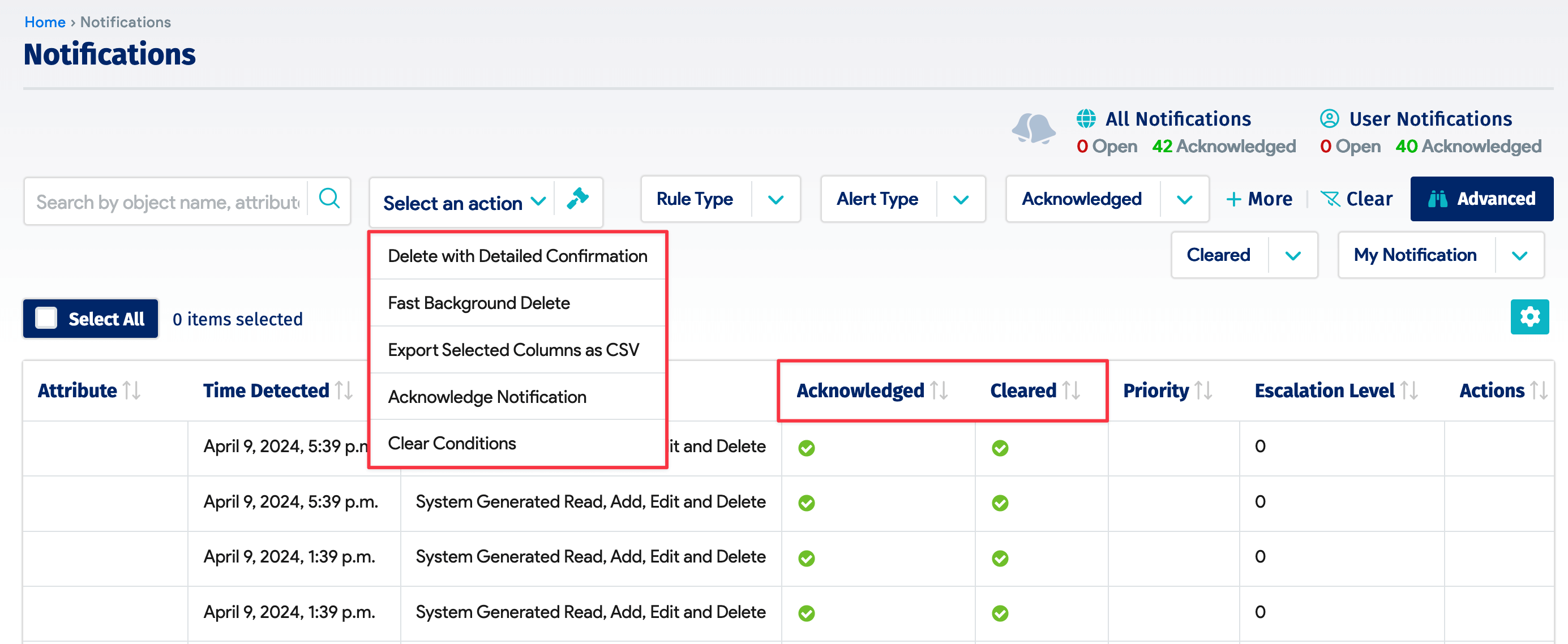 Notification list view and actions